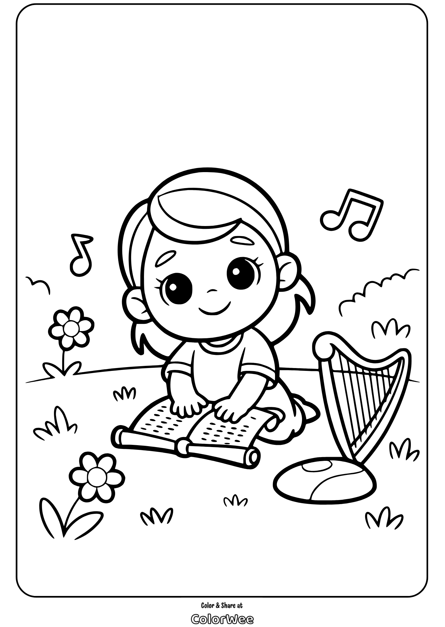 Girl reading a book with a harp in a garden coloring page.