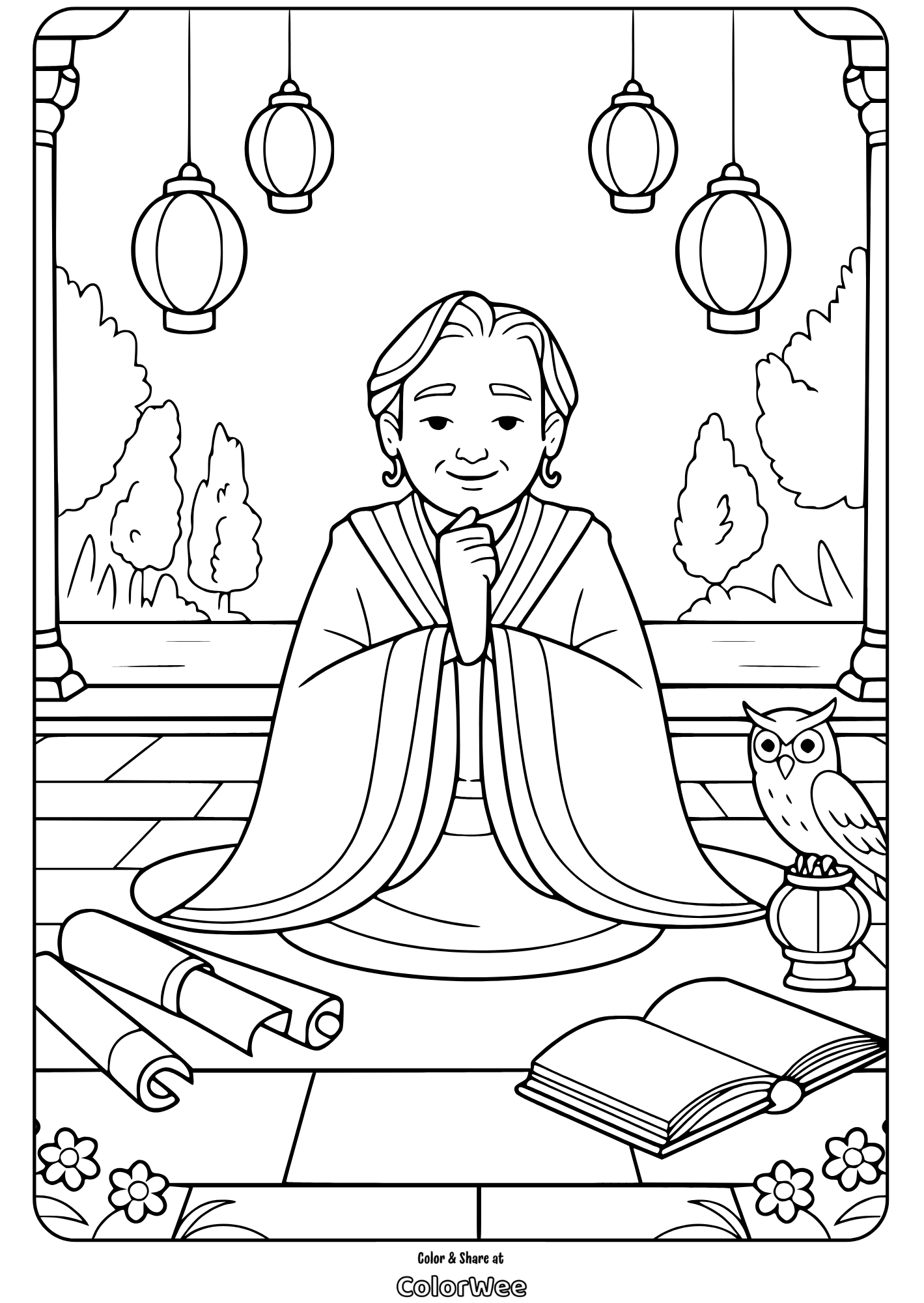 Monk with owl and scrolls in lantern-lit garden coloring page.