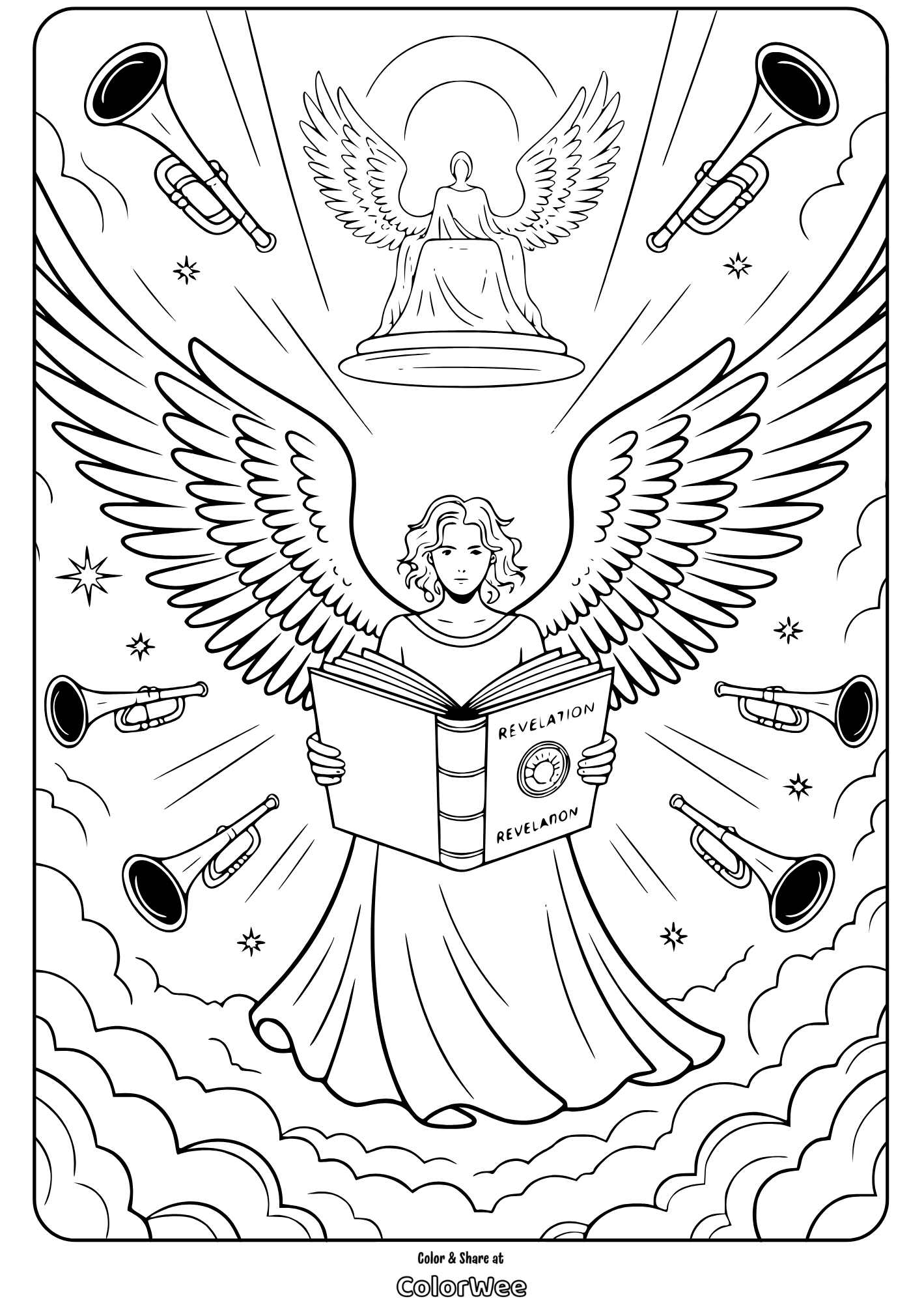 Angel reading Revelation book with trumpets in the clouds coloring page.