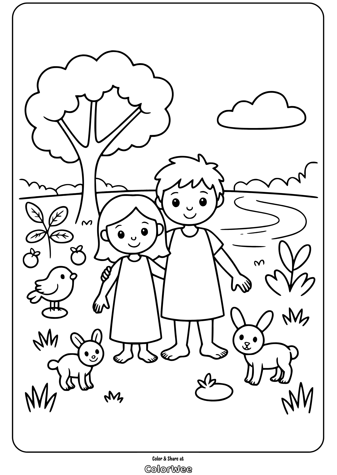 Children and animals in nature coloring page.
