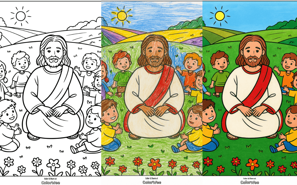 Coloring page of a joyful scene with teacher and children in a field.