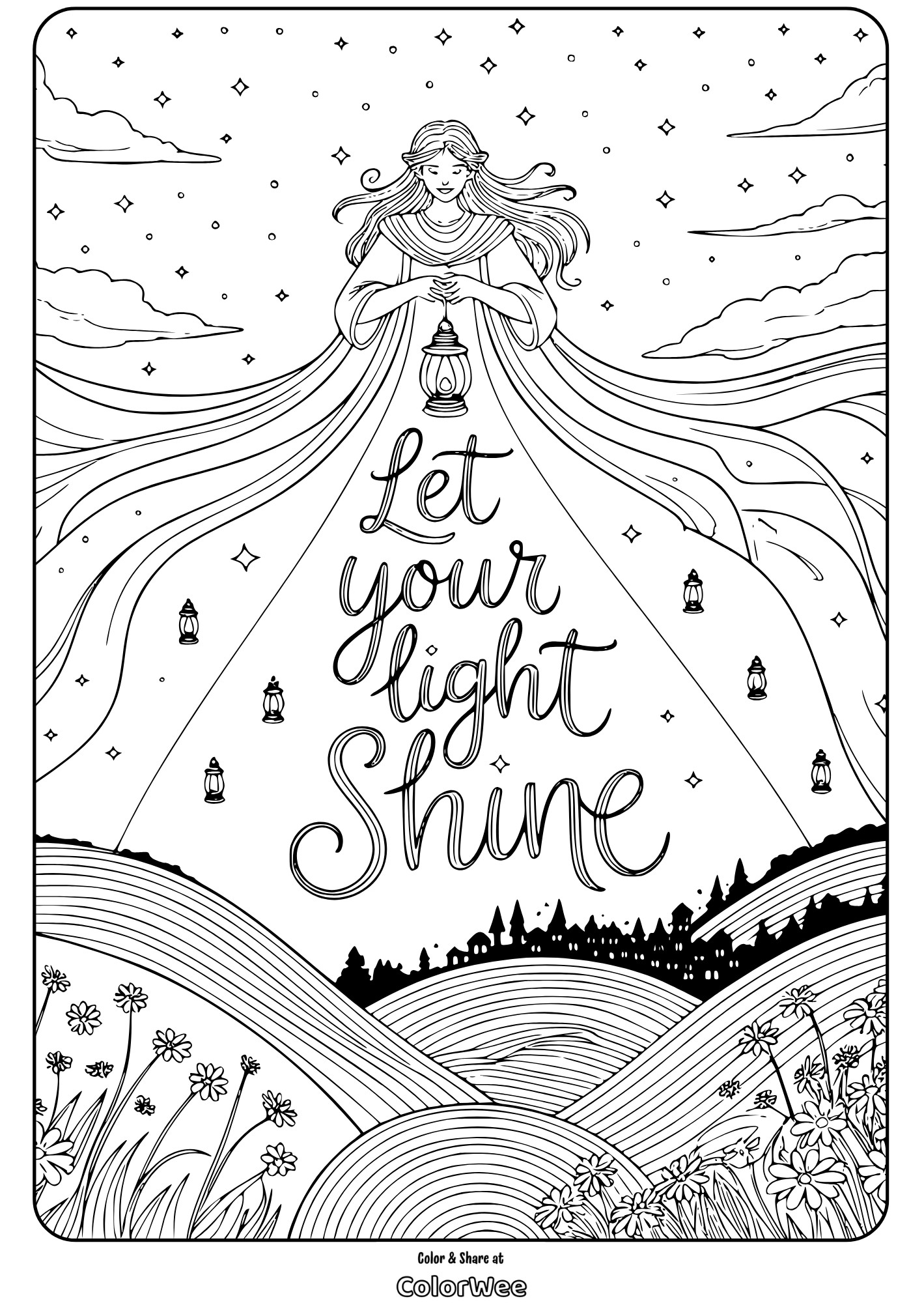 Let Your Light Shine Coloring Page with Stars and Lanterns