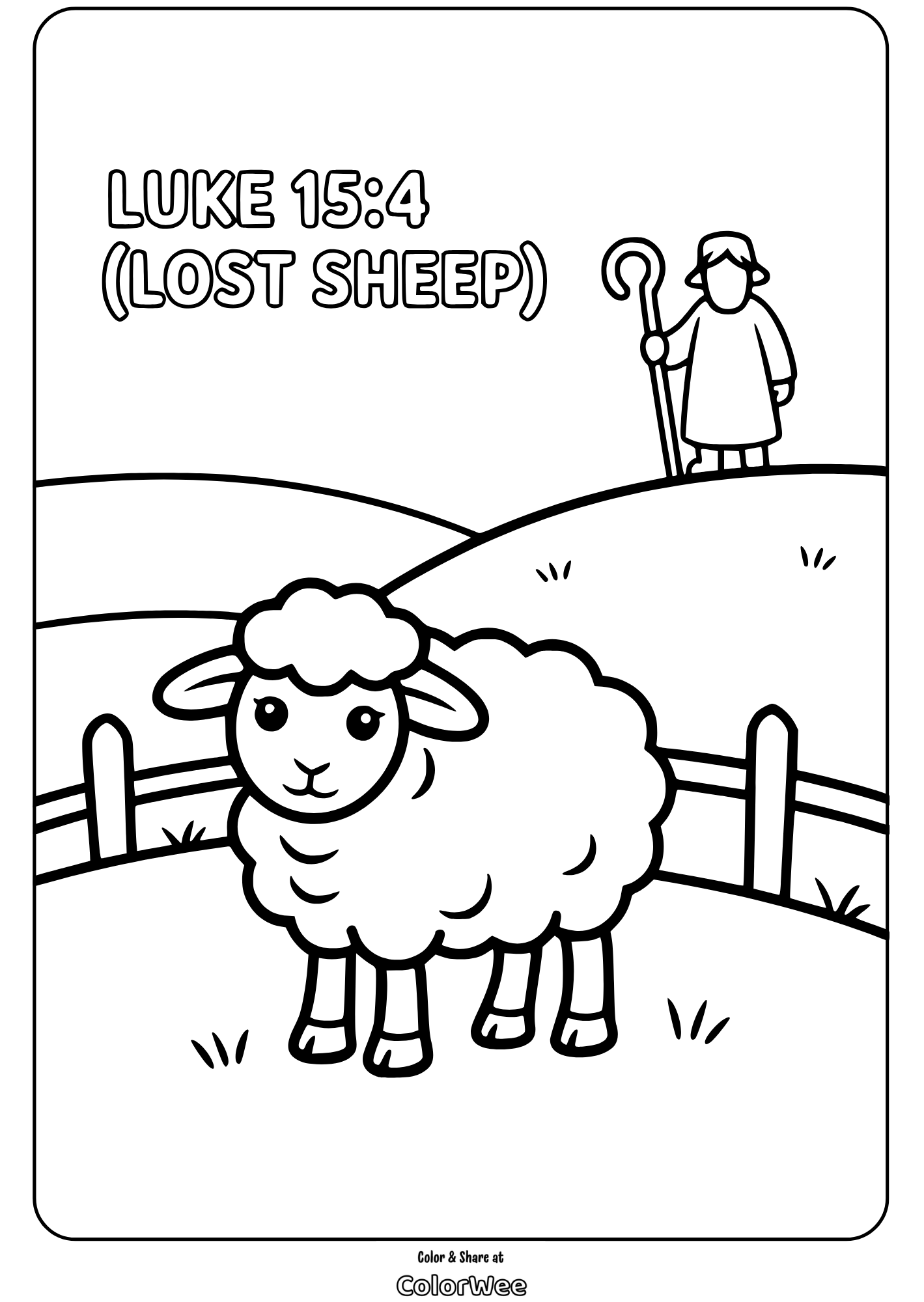 Coloring page of a lost sheep and shepherd, Luke 15:4 Bible scene