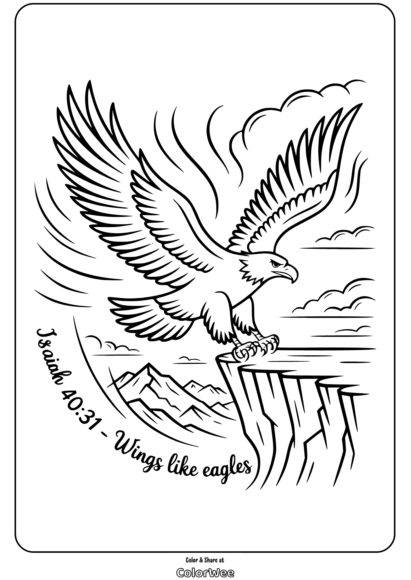 Eagle soaring above mountains, Isaiah 40:31 coloring page.