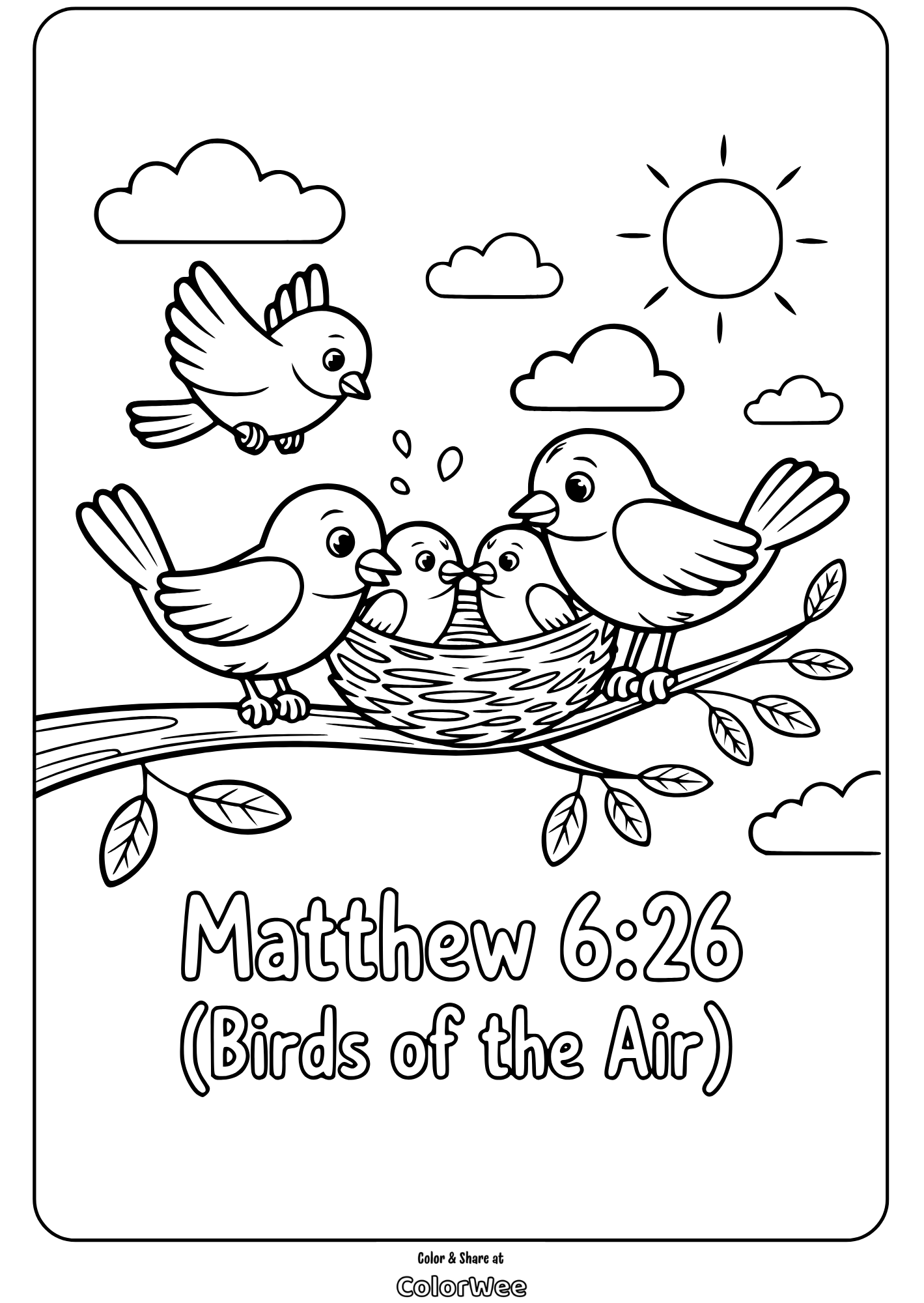 Birds in nest coloring page, Matthew 6:26 theme