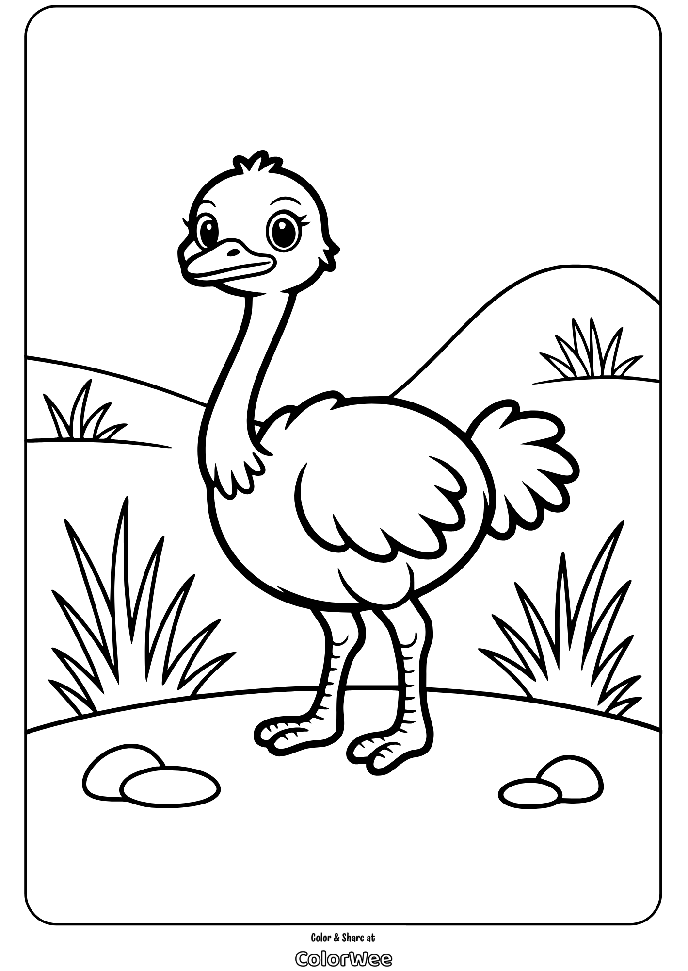 cartoon ostrich coloring page for kids with landscape background Cartoon ostrich coloring page for kids with landscape background.
