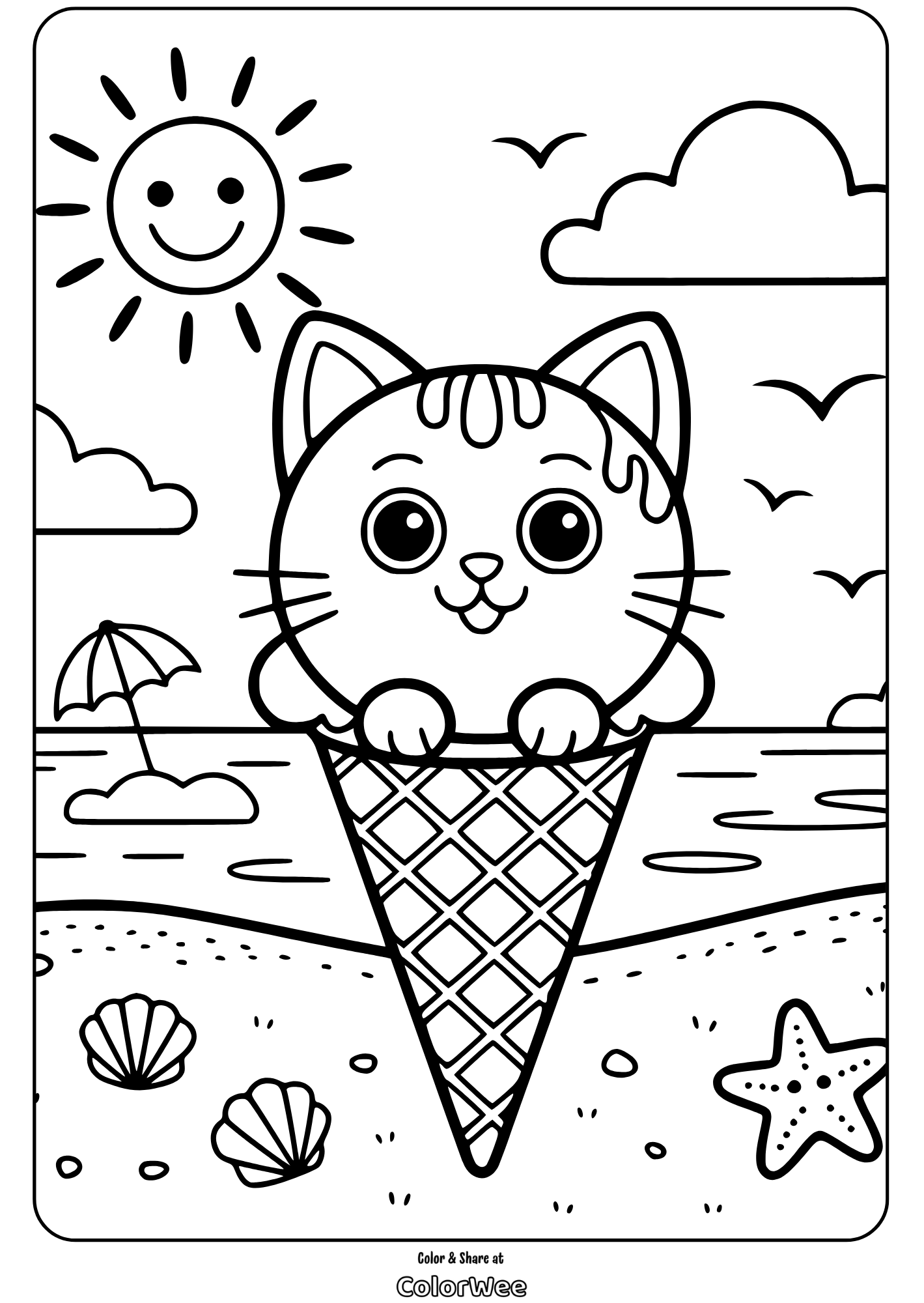 Adorable kawaii cat in ice cream cone by the beach coloring page.