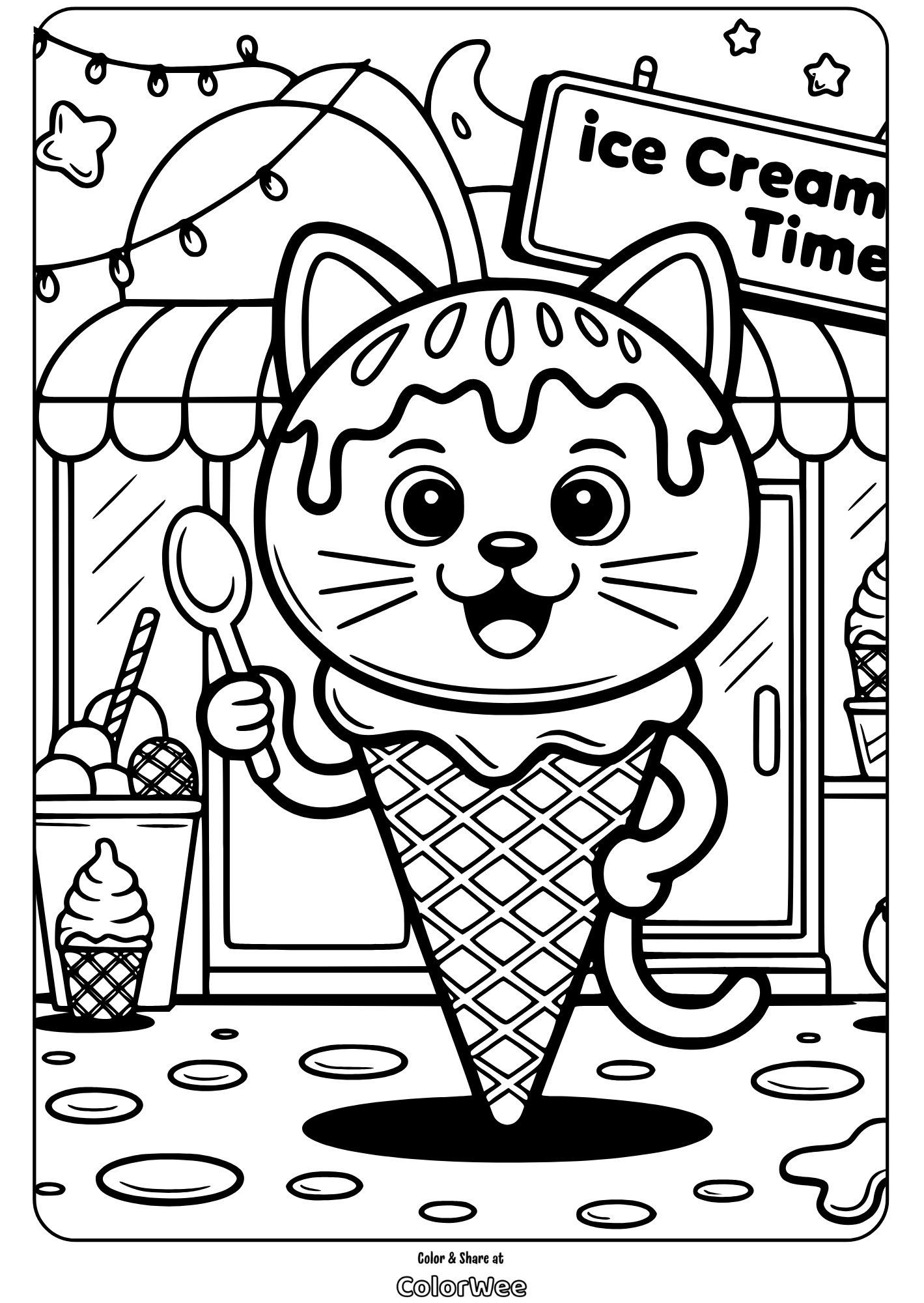 Cat ice cream cone coloring page with spoon and fun shop background.
