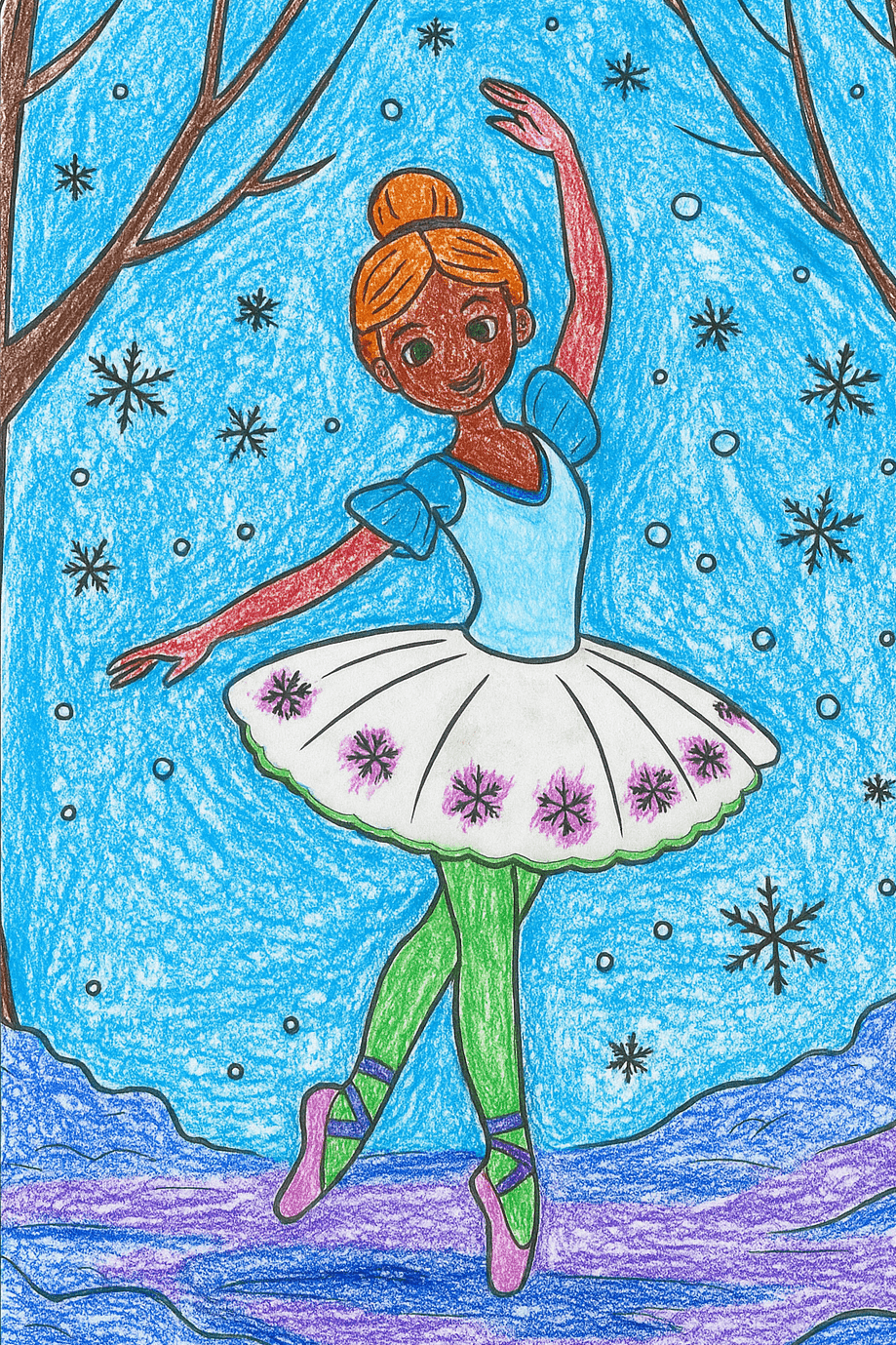 Ballerina in winter scene with colorful tutu and snowflakes.