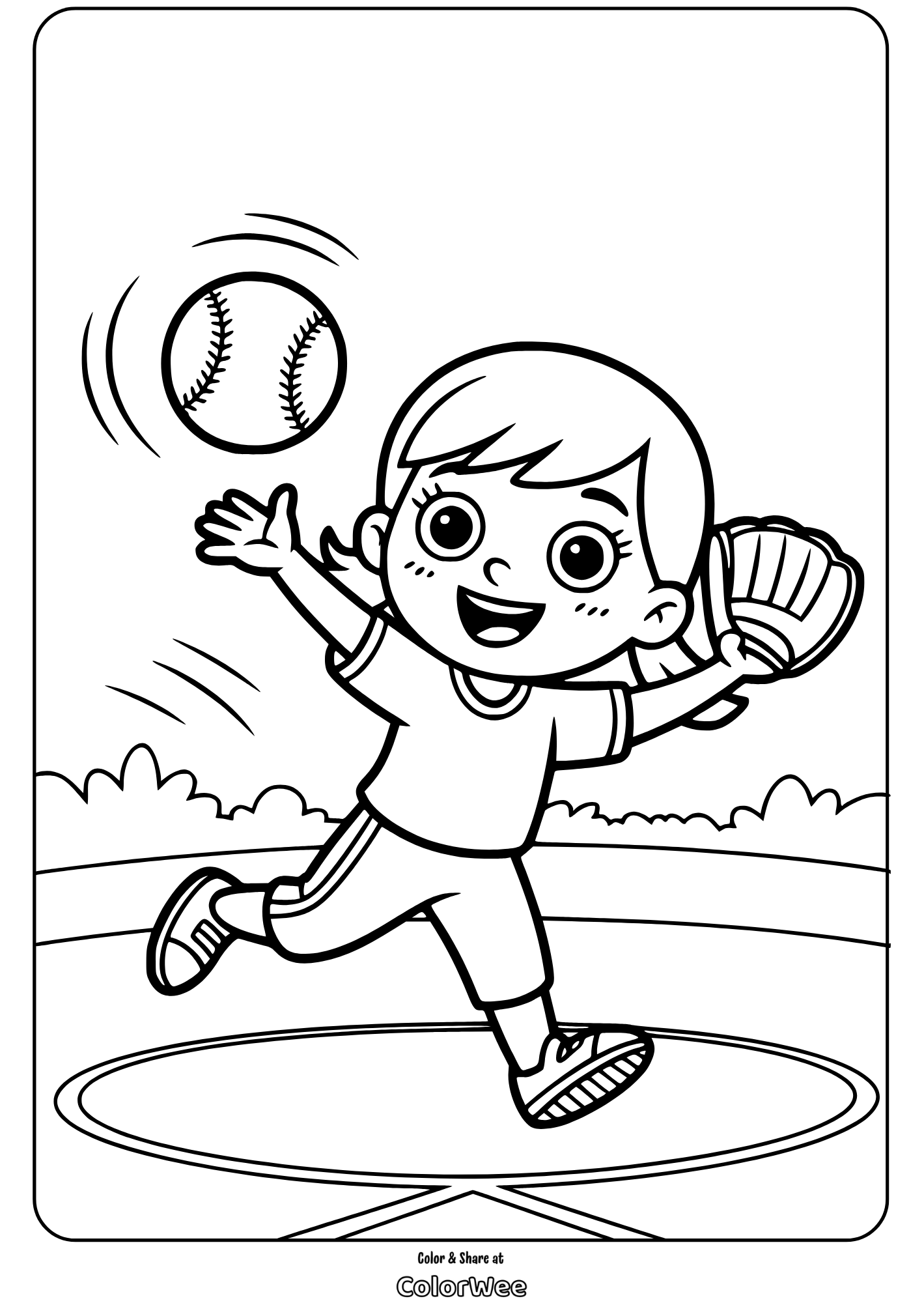 child playing baseball coloring page with glove and ball Child playing baseball coloring page with glove and ball.