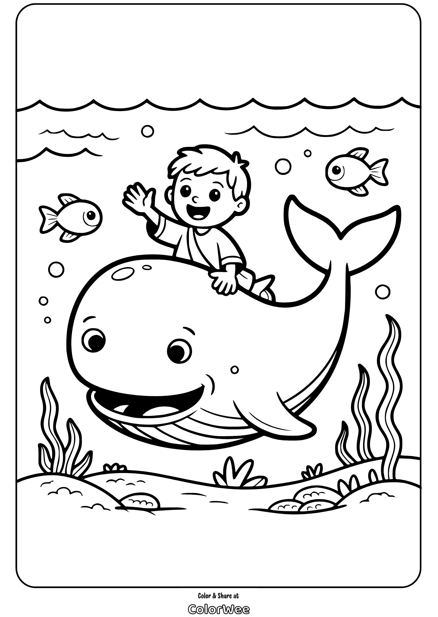 Boy rides happy whale underwater with fish in coloring page.
