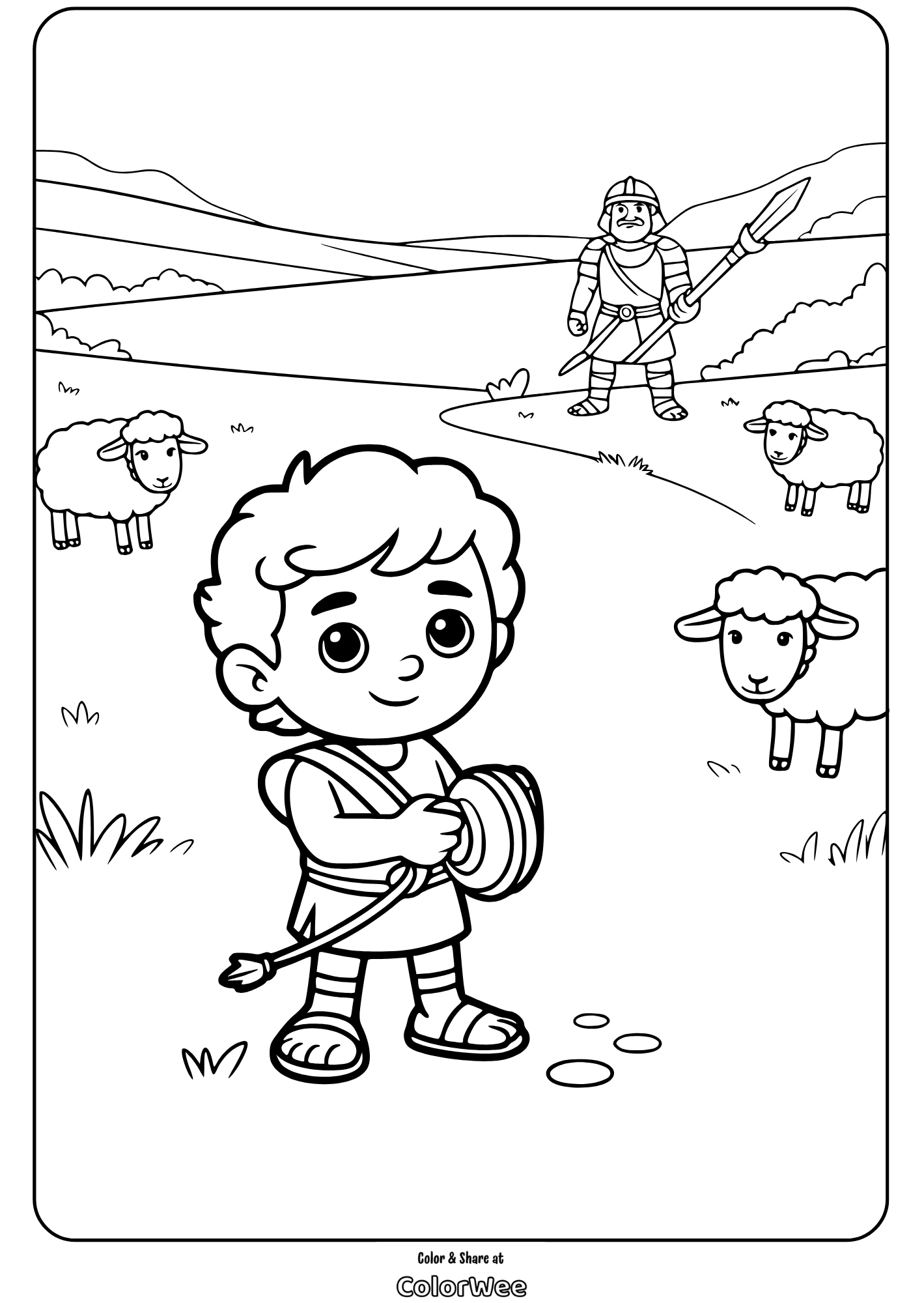 Cute kid with slingshot, sheep, and warrior on a scenic coloring page.