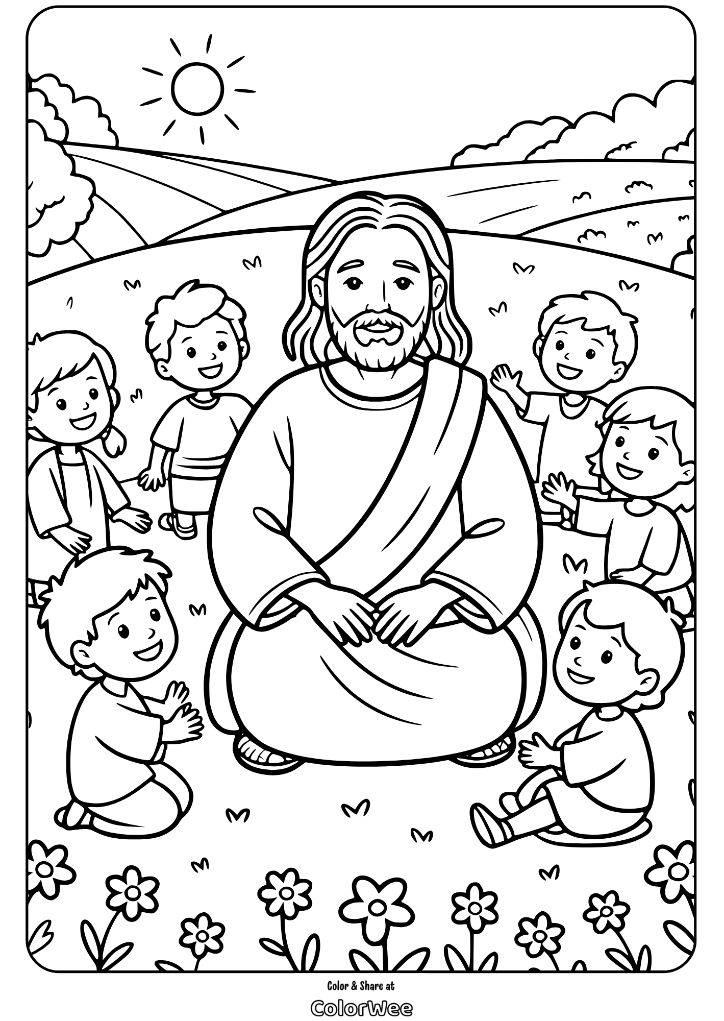 Coloring page: figure with children in a sunny field setting