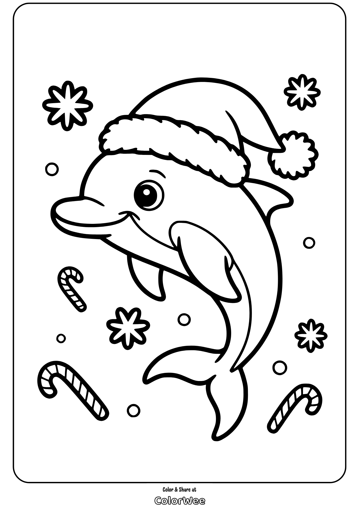Dolphin wearing Santa hat with candy canes coloring page.