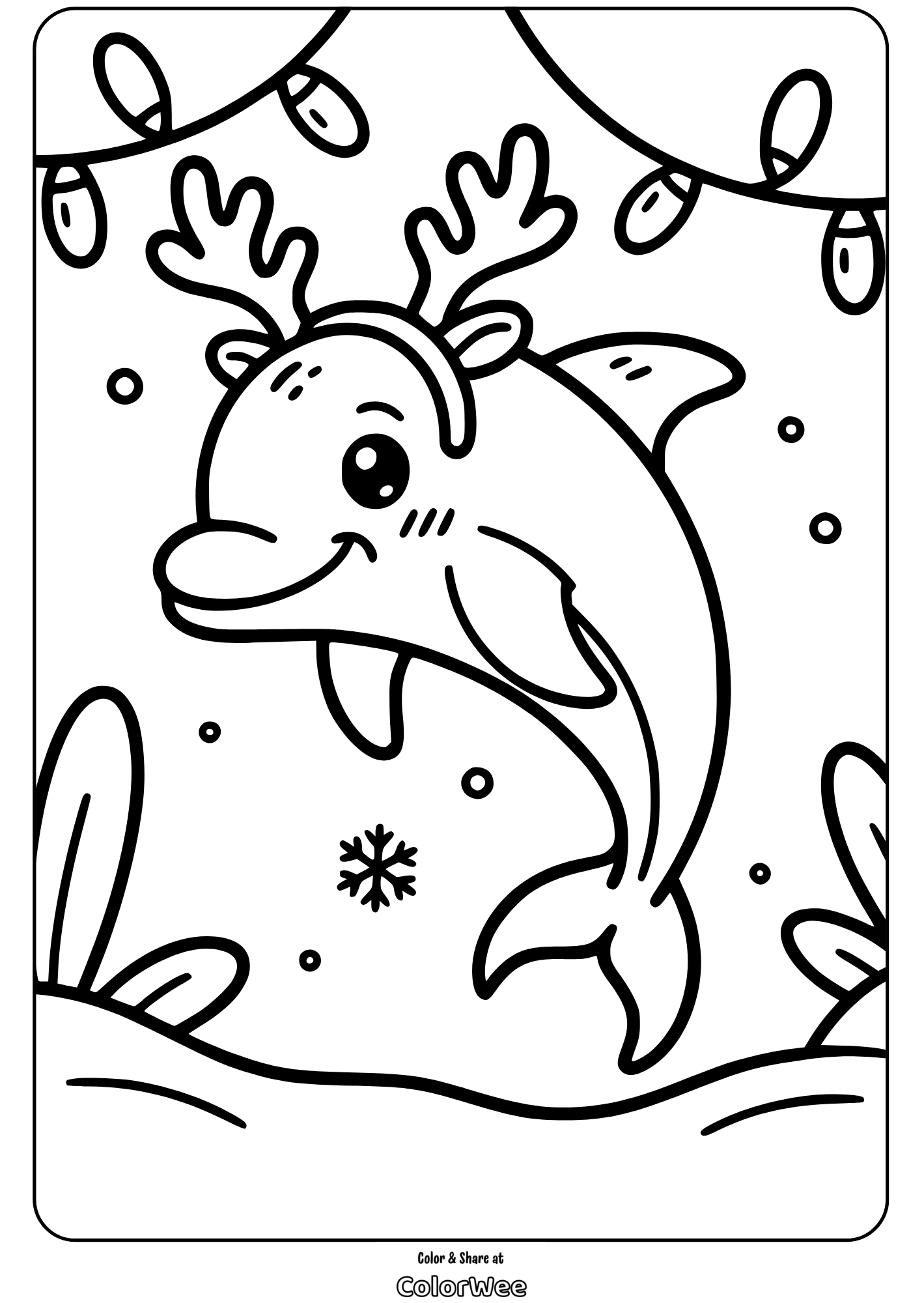Dolphin with reindeer antlers holiday coloring page.