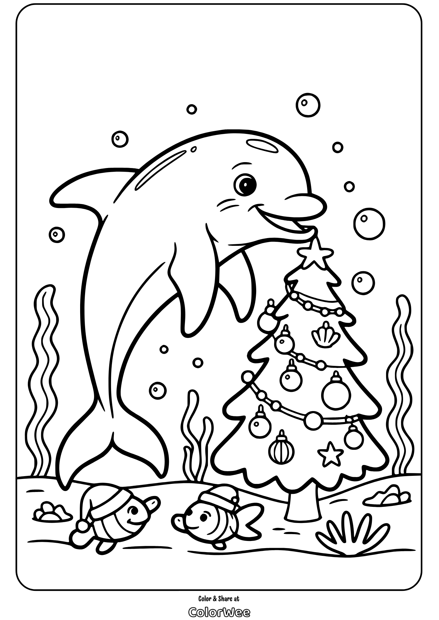 Festive dolphin and fish decorating an underwater Christmas tree coloring page
