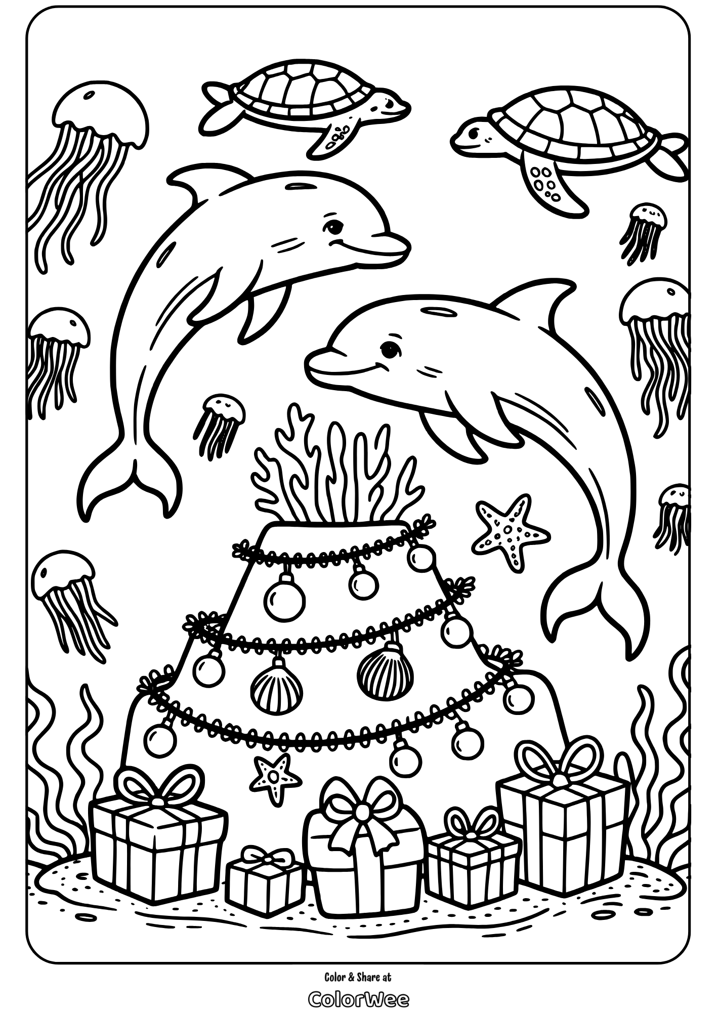 Dolphins and sea turtles in festive underwater scene coloring page.