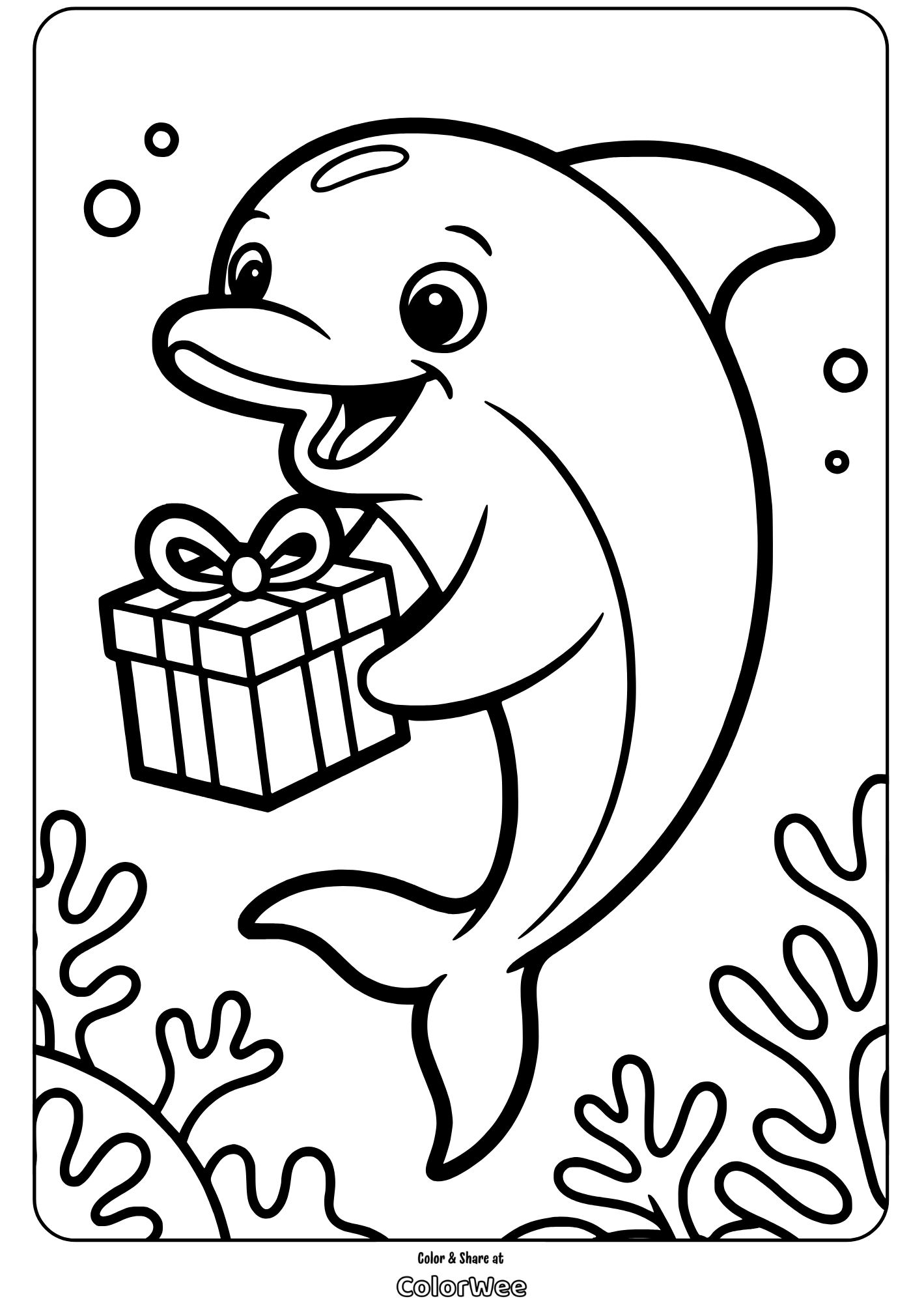 Dolphin coloring page with a gift underwater.