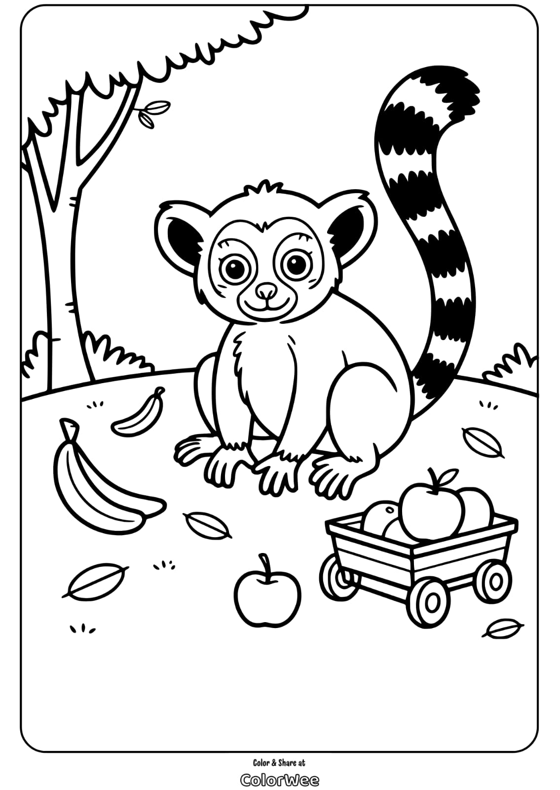 Coloring page of a cute lemur with fruit in a park.