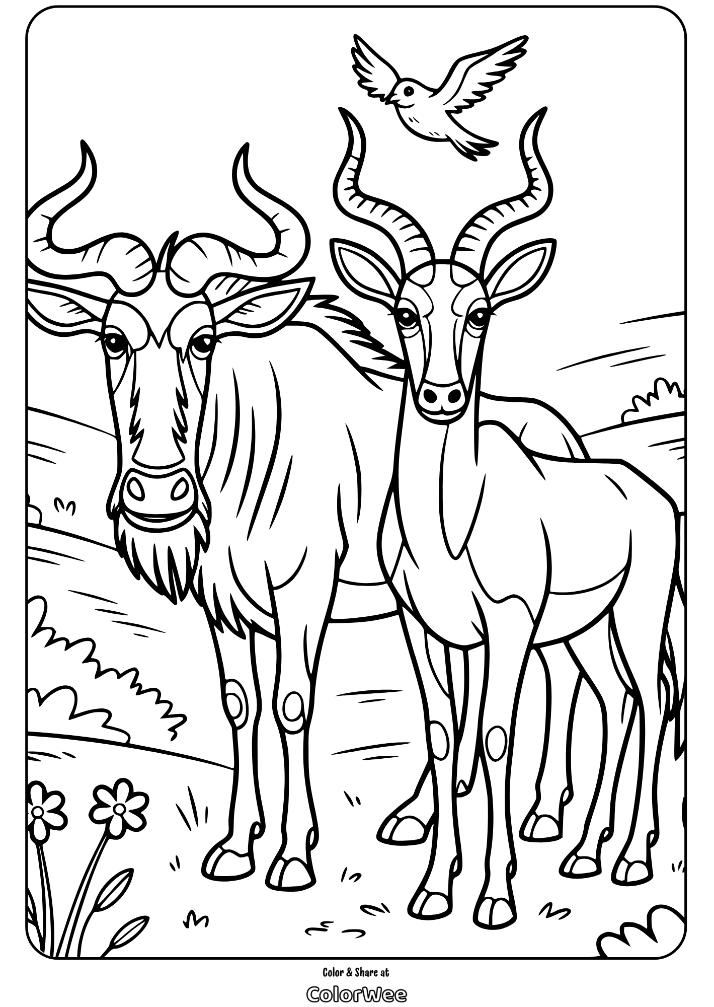 Coloring page with antelope and bird in a natural setting.