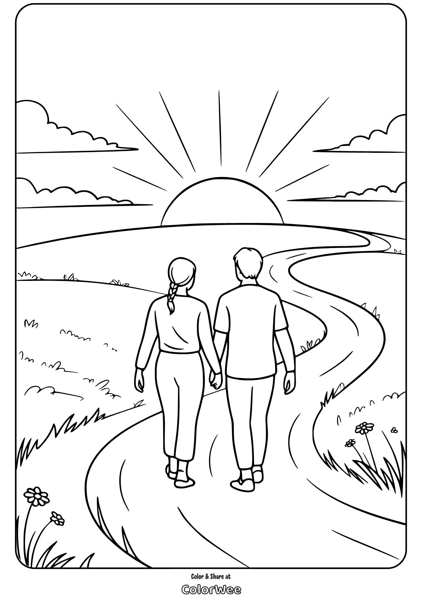 Couple walking toward sunset on a scenic path coloring page.
