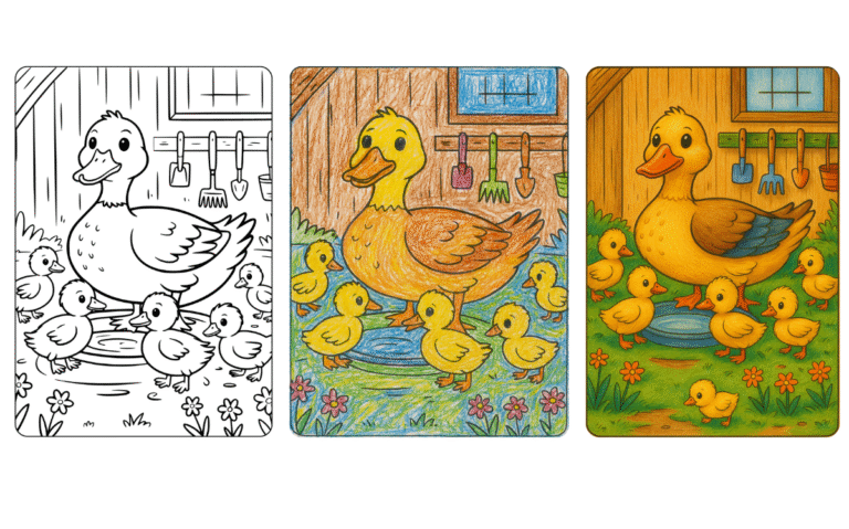 Duck family coloring page scene with ducklings.