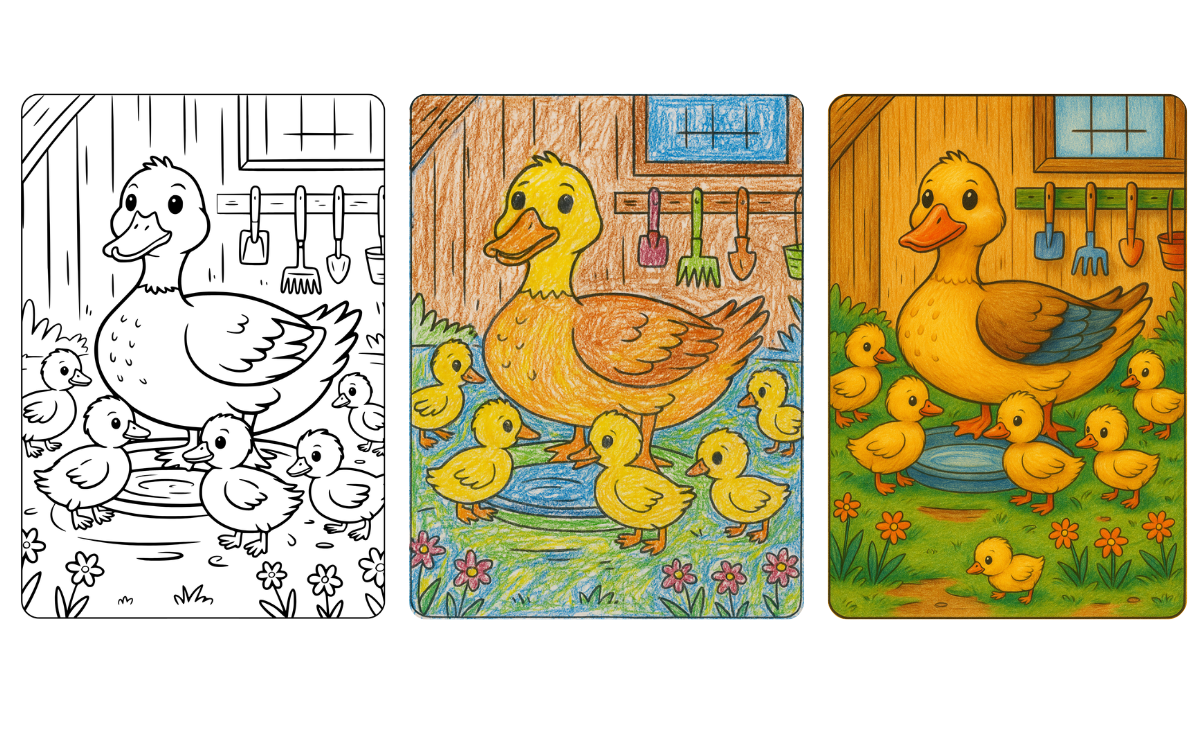Duck family coloring page scene with ducklings.