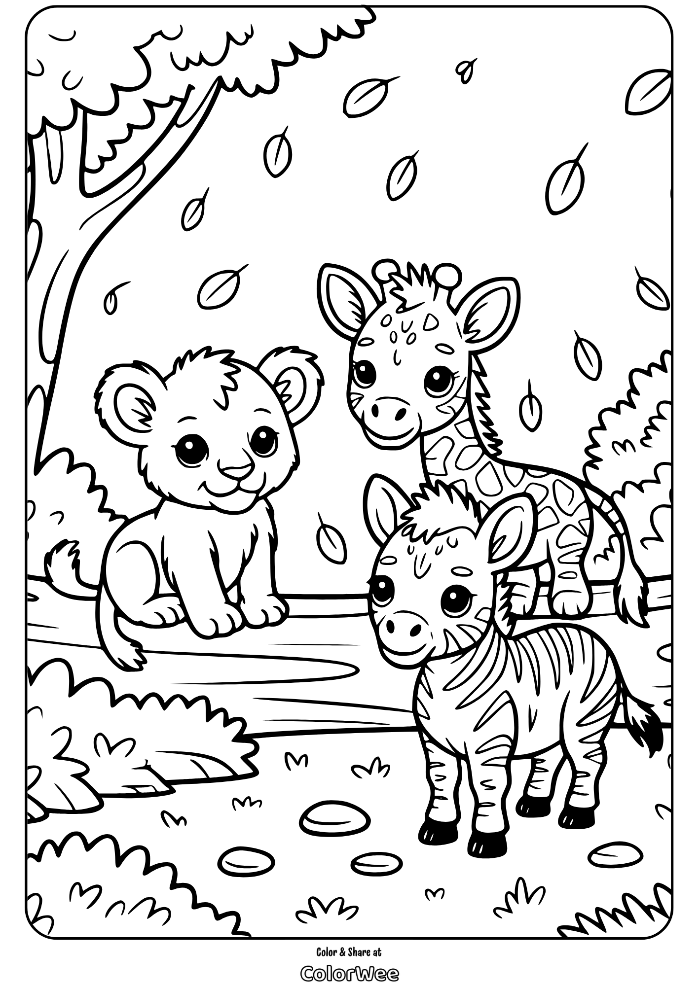 Cute baby animals in a jungle coloring page.