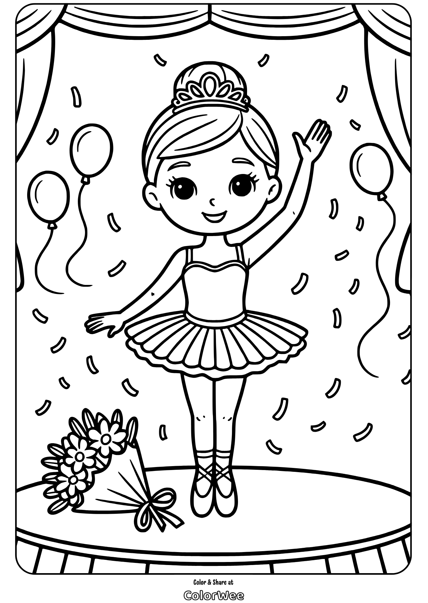 cute ballerina celebration on stage coloring page Ballerina on stage coloring page with balloons and flowers.
