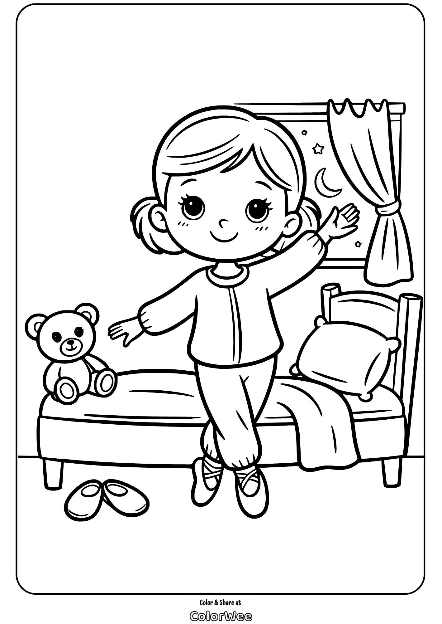 cute ballerina dancing before bedtime coloring page Child in pajamas by bed with teddy bear and window scene coloring page.