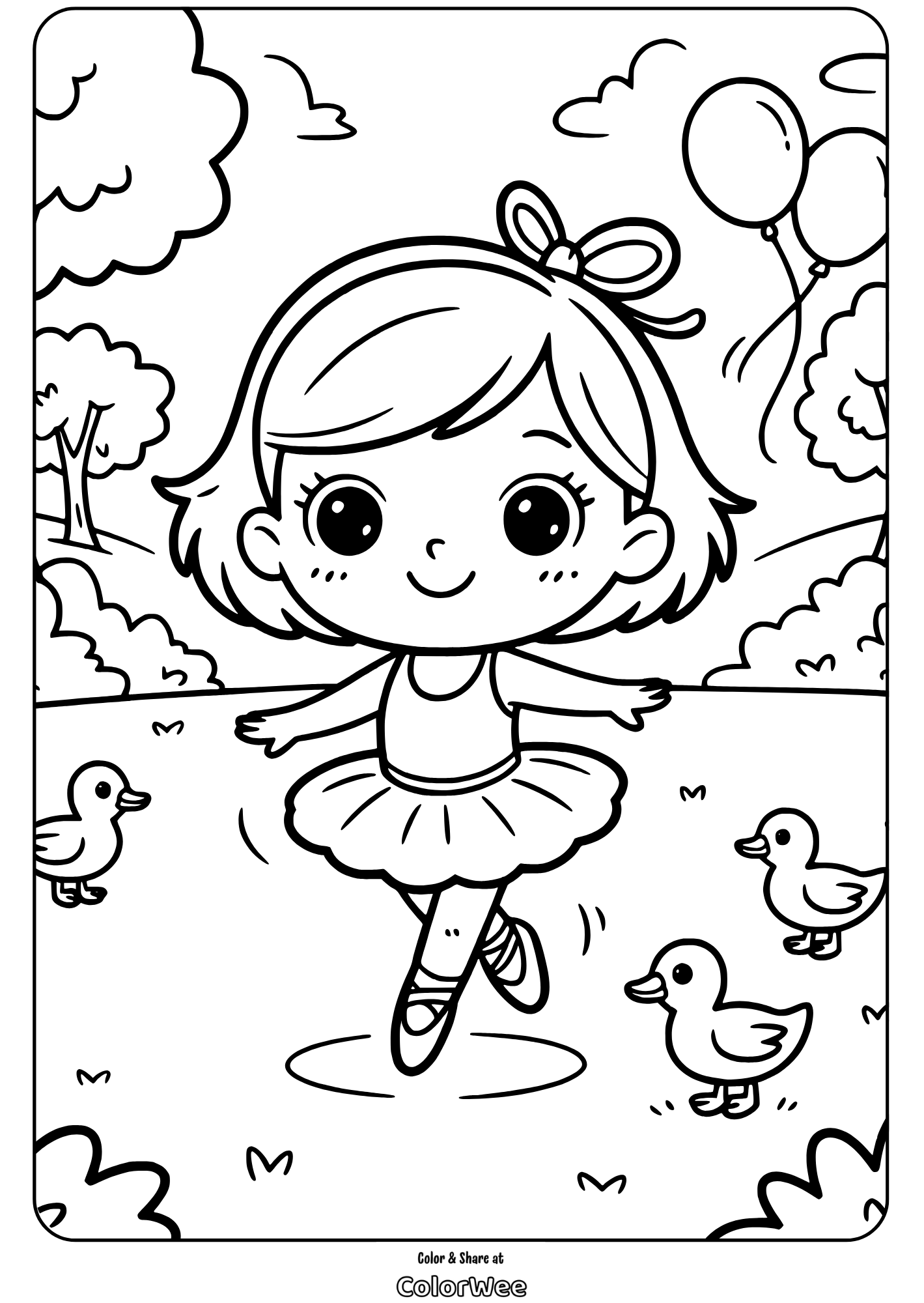 cute ballerina dancing in park coloring page Girl dancing with ducks in a scenic park coloring page.