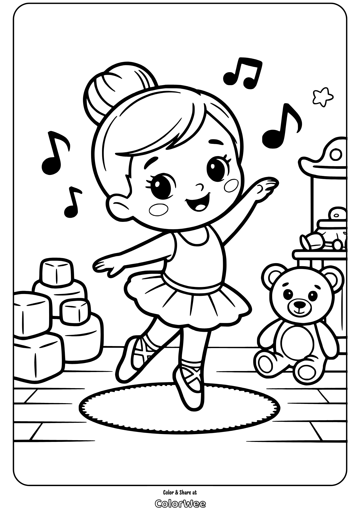 cute ballerina dancing with teddy bear coloring page Ballet girl dancing with teddy bear and musical notes coloring page.