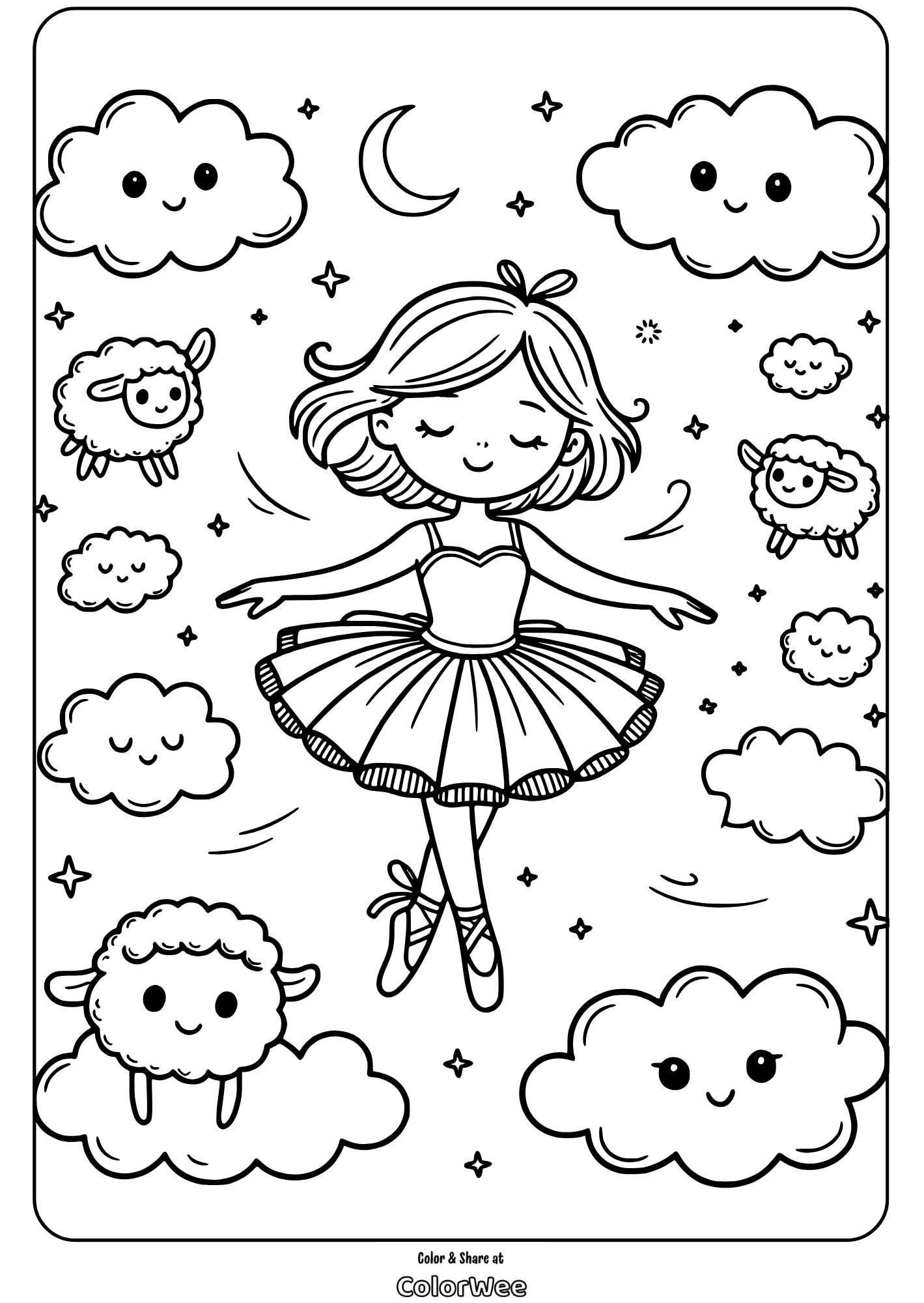 cute ballerina dreaming in clouds coloring page Ballerina dancing among clouds and sheep in a whimsical coloring page.