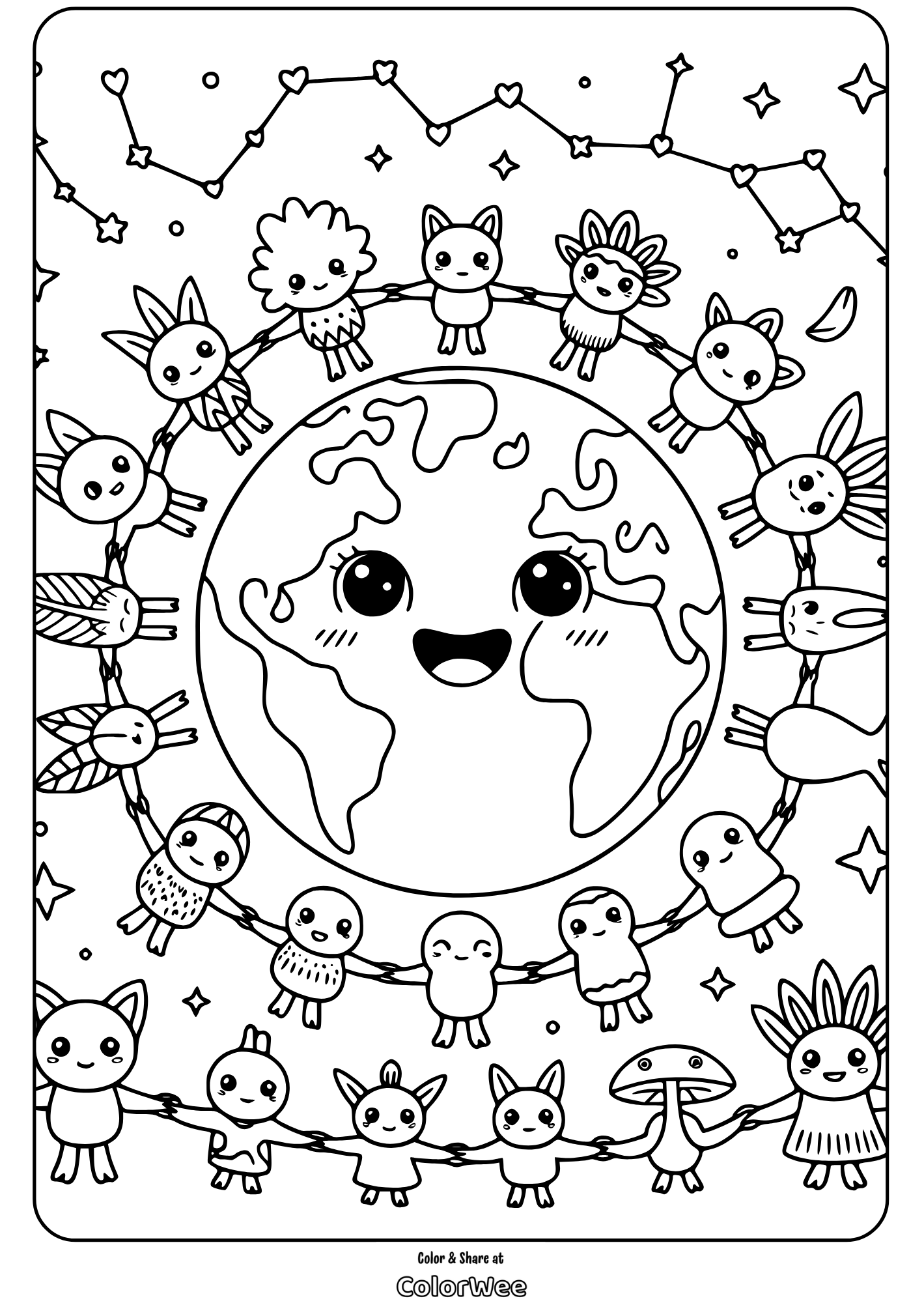 cute earth day animals holding hands around earth coloring page Cute animals around Earth coloring page, stars and constellations overhead.