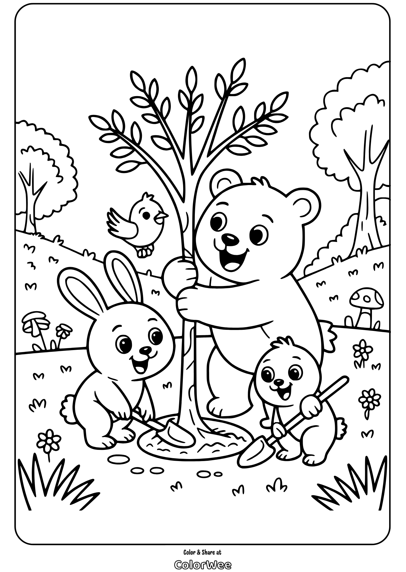 cute earth day animals planting tree coloring page Friendly animals planting a tree coloring page.