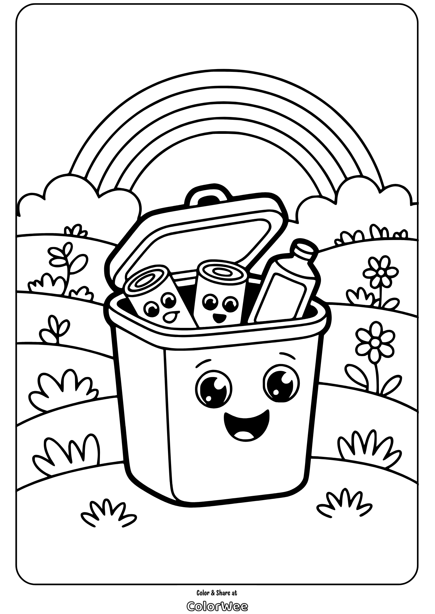 cute earth day recycling bin with rainbow coloring page Happy recycling bin with bottles under a rainbow coloring page.