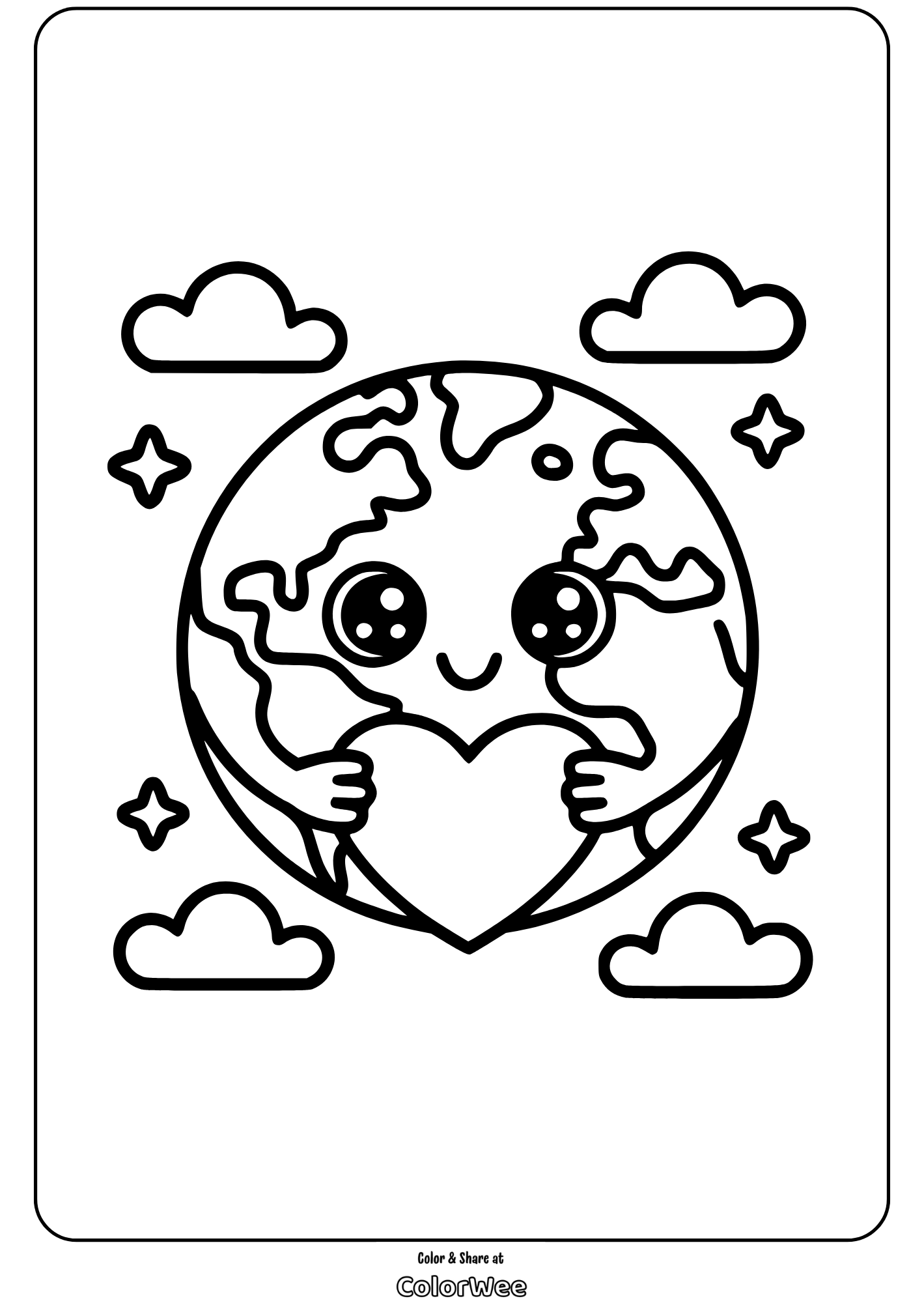 cute earth day smiling earth hugging heart coloring page Cute Earth hugging a heart coloring page with clouds and stars.