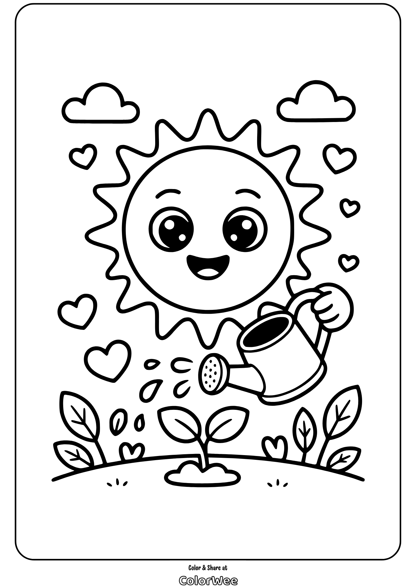 cute earth day smiling sun watering plants coloring page Happy sun watering plants coloring page.