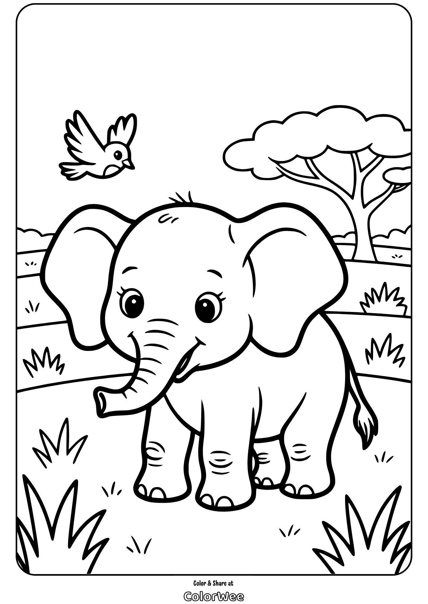 cute elephant and bird in a nature scene coloring page Cute elephant and bird in a nature scene coloring page.