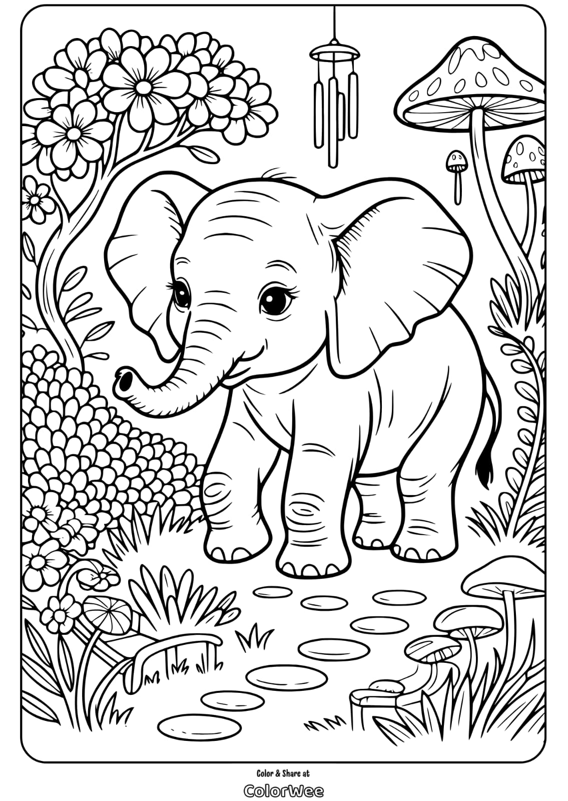 Cute elephant coloring page with flowers and mushrooms.
