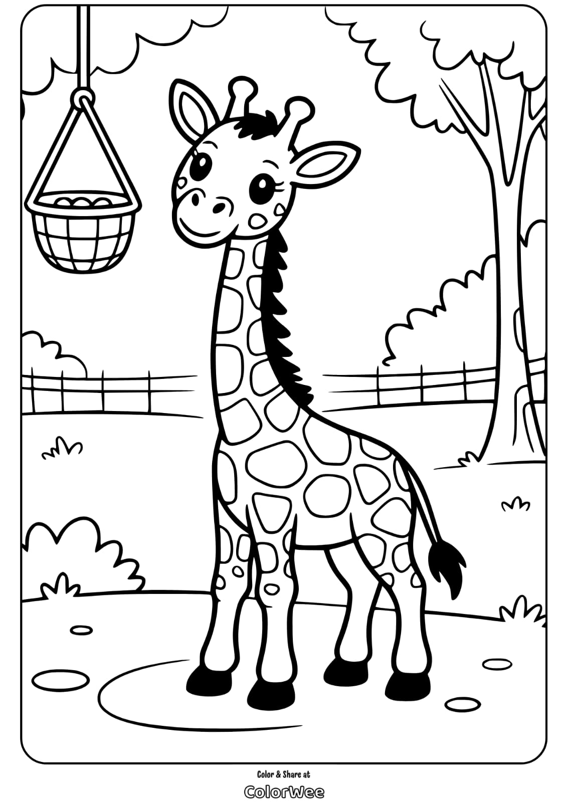 Cute giraffe coloring page for kids in a park setting.