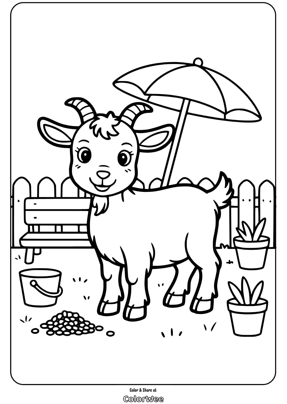 Cute goat in a garden with umbrella, bench, and plants coloring page.