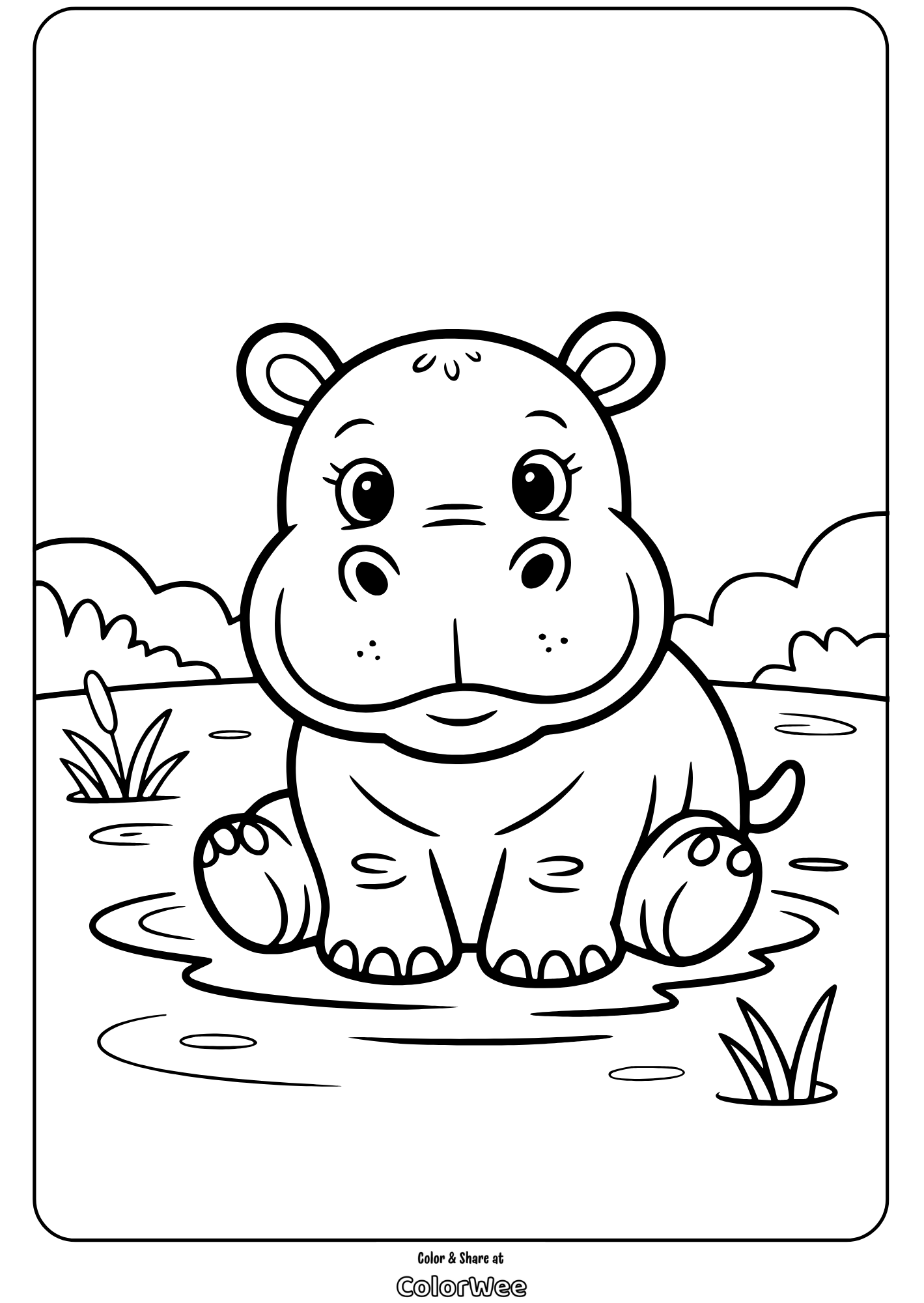 cute hippo coloring page for kids to print and color Cute hippo coloring page for kids to print and color.