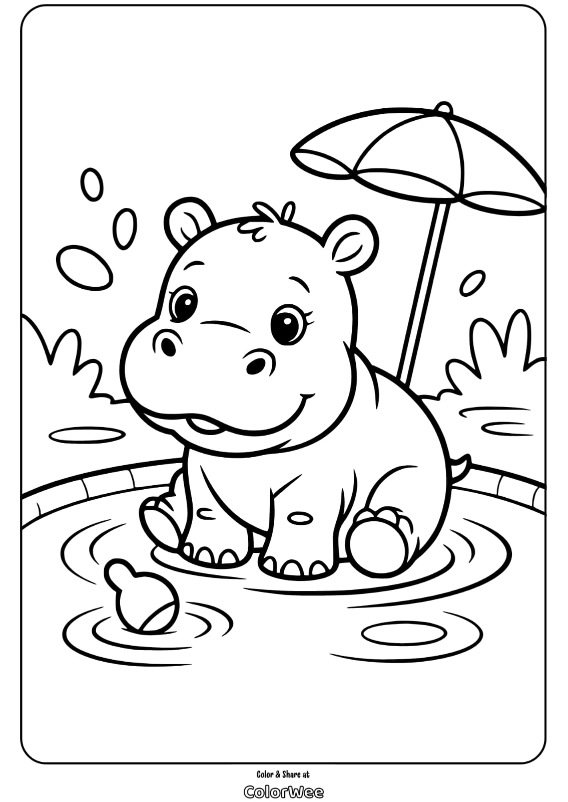 Cute hippo coloring page with umbrella in a pond.