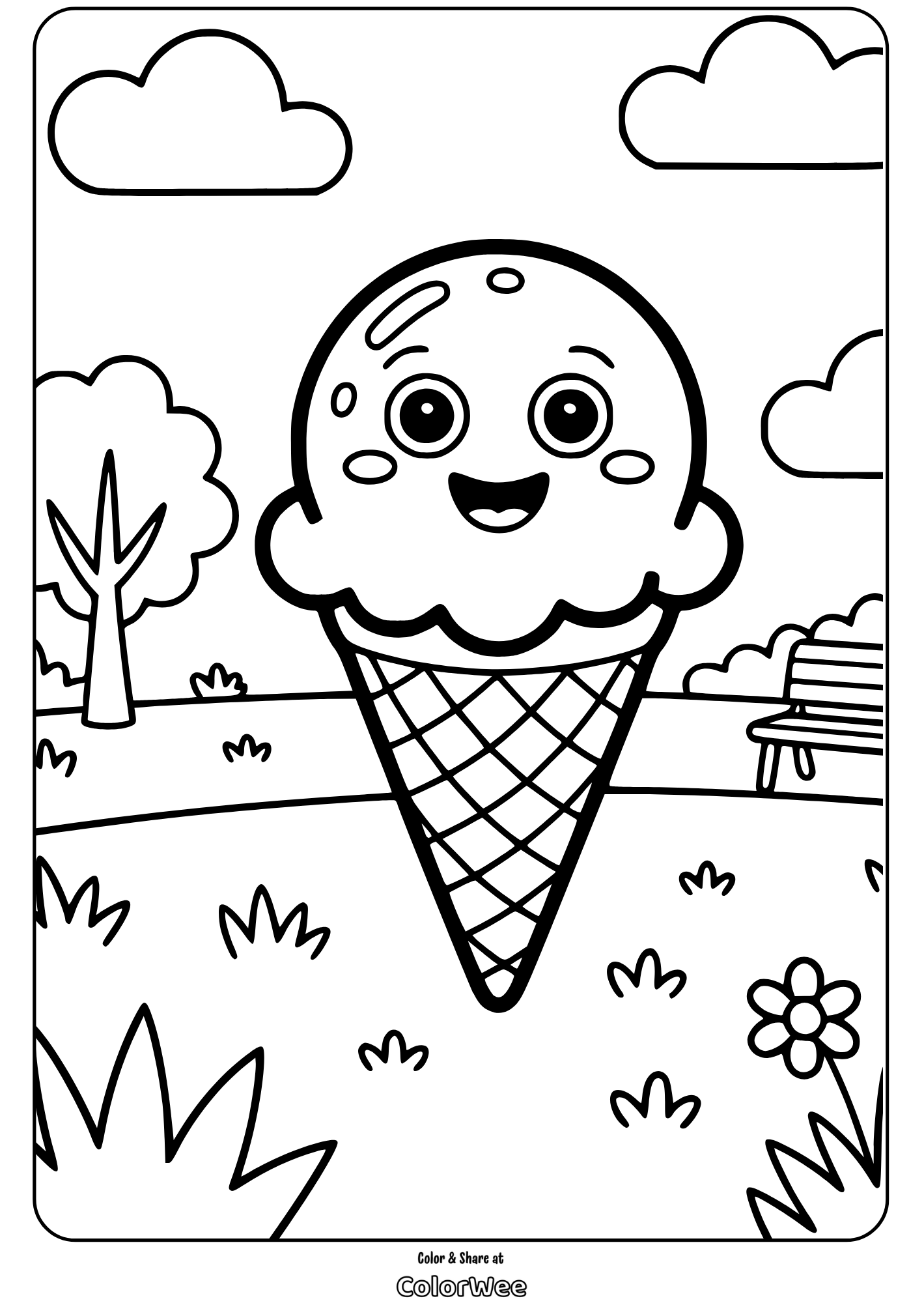 Cute ice cream cone coloring page with smiling face in park.
