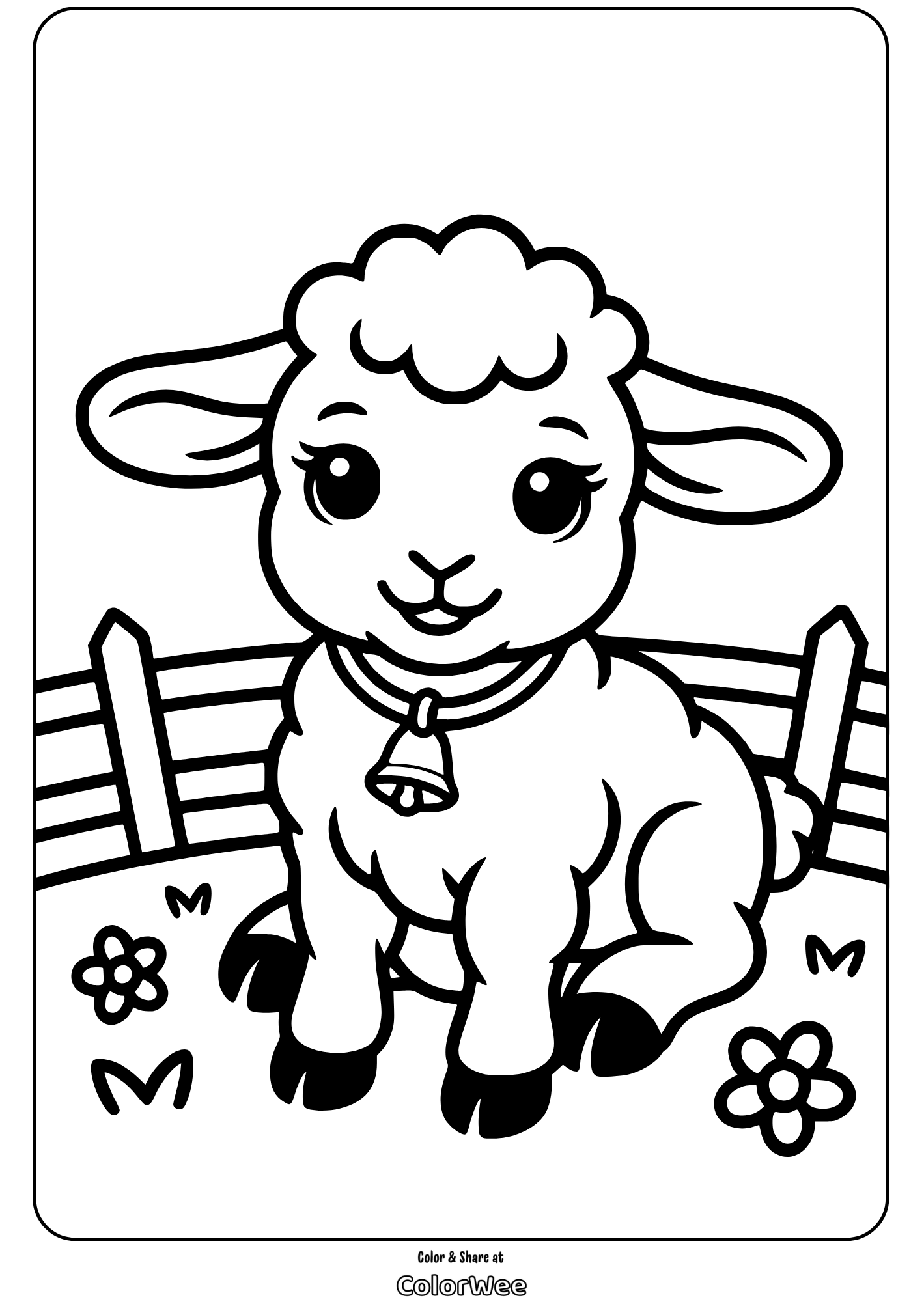 Cute lamb coloring page with a fence and flowers.