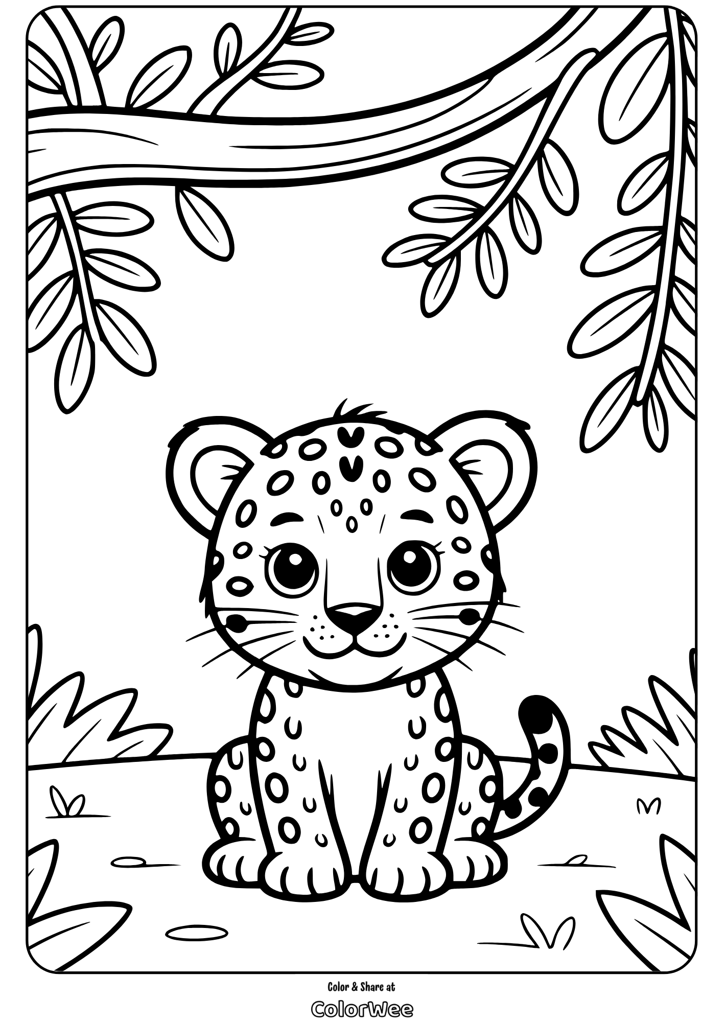 cute leopard coloring page for kids with jungle background Cute leopard coloring page for kids with jungle background.