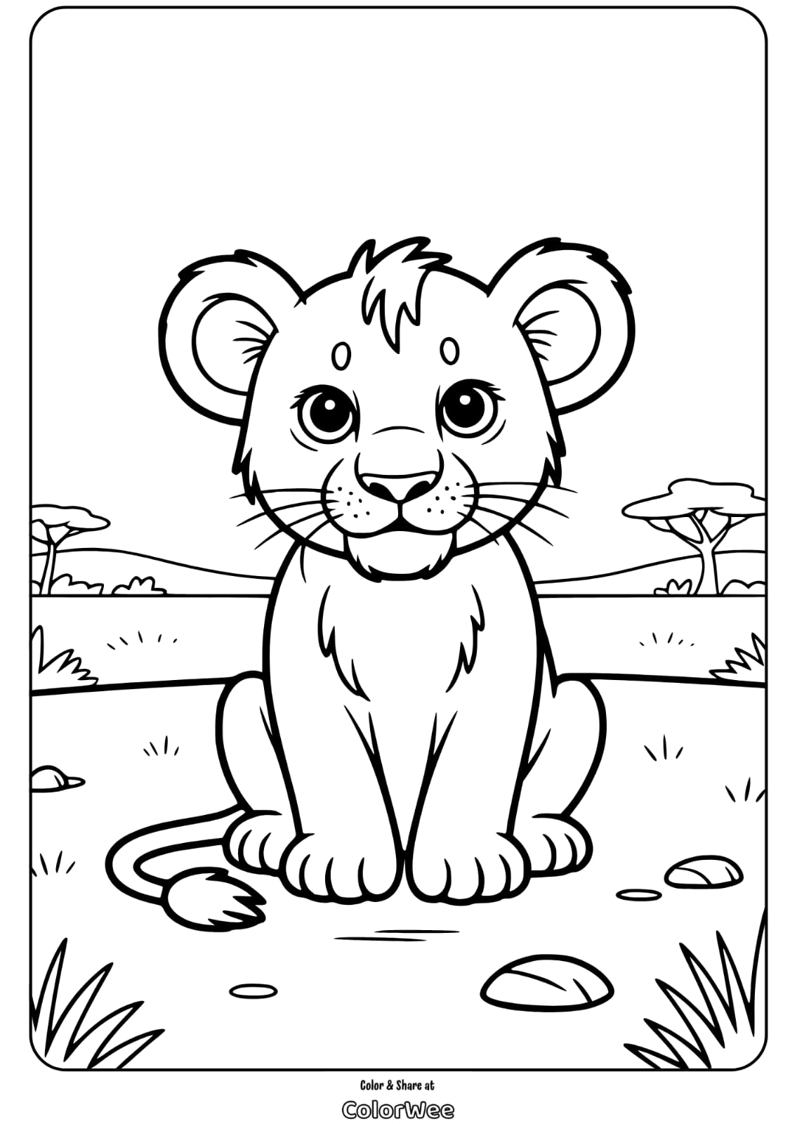 Cute lion cub coloring page in savanna landscape.