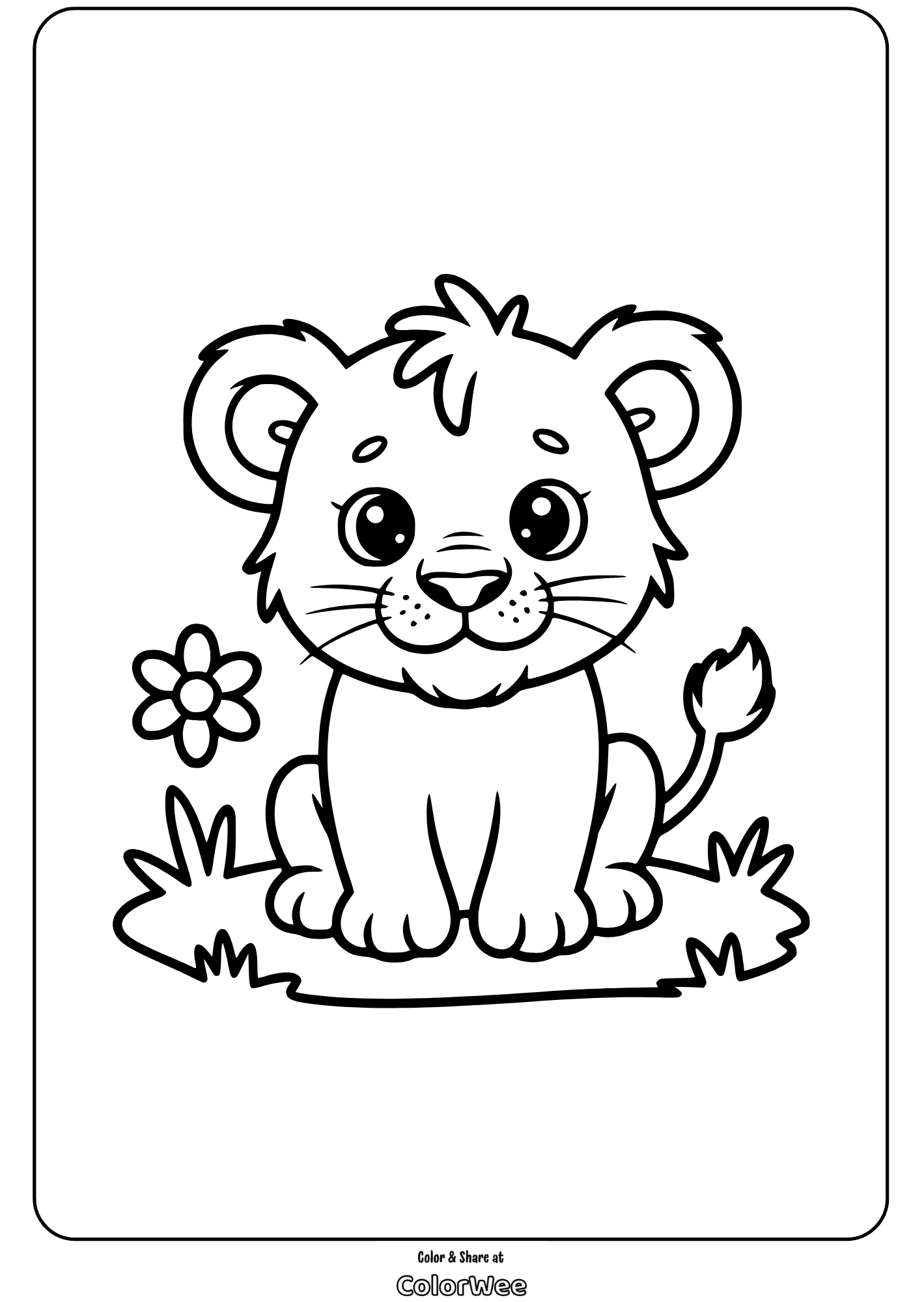 cute lion cub coloring page with a flower in the grass Cute lion cub coloring page with a flower in the grass.