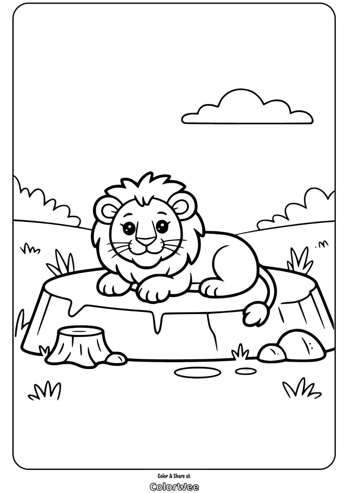 Cute lion cub resting on a tree stump coloring page.